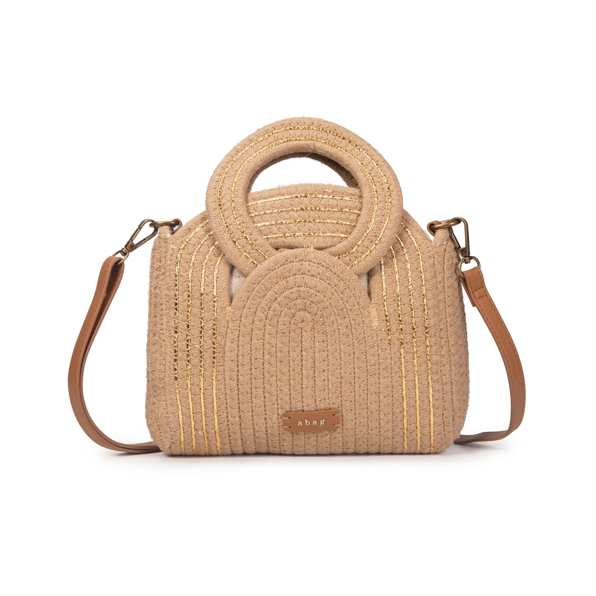 Bolso de algodón con asa circular y bordados dorados | Elegante, versátil y ligero | Modelo exclusivo verano 2025 | Edición limitada | ABAG