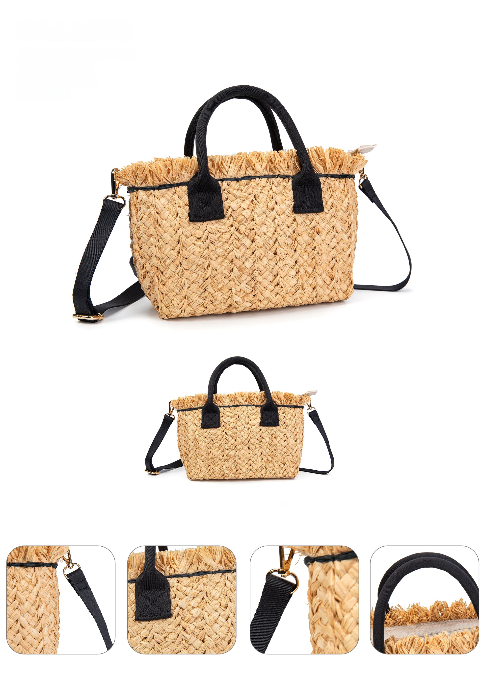 Capazo mini de rafia con flecos y asas negras | Bolso bandolera verano