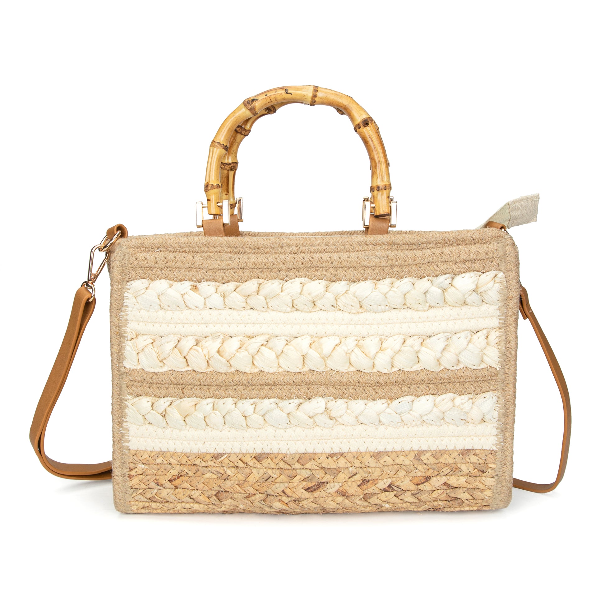 Maletín de rafia con asas de bambú y bandolera | Bolso laptop Irene Bag