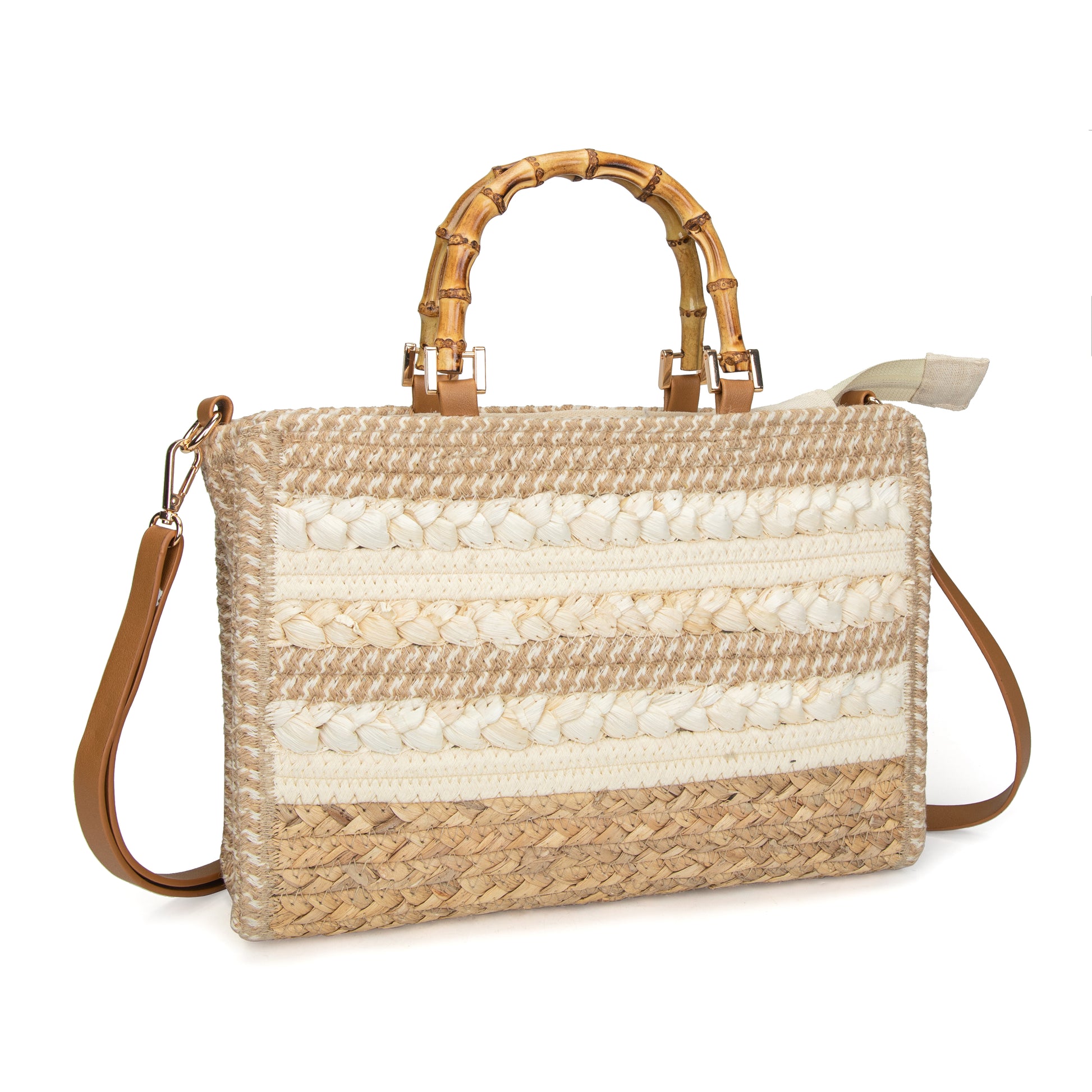 Maletín de rafia con asas de bambú y bandolera | Bolso laptop Irene Bag