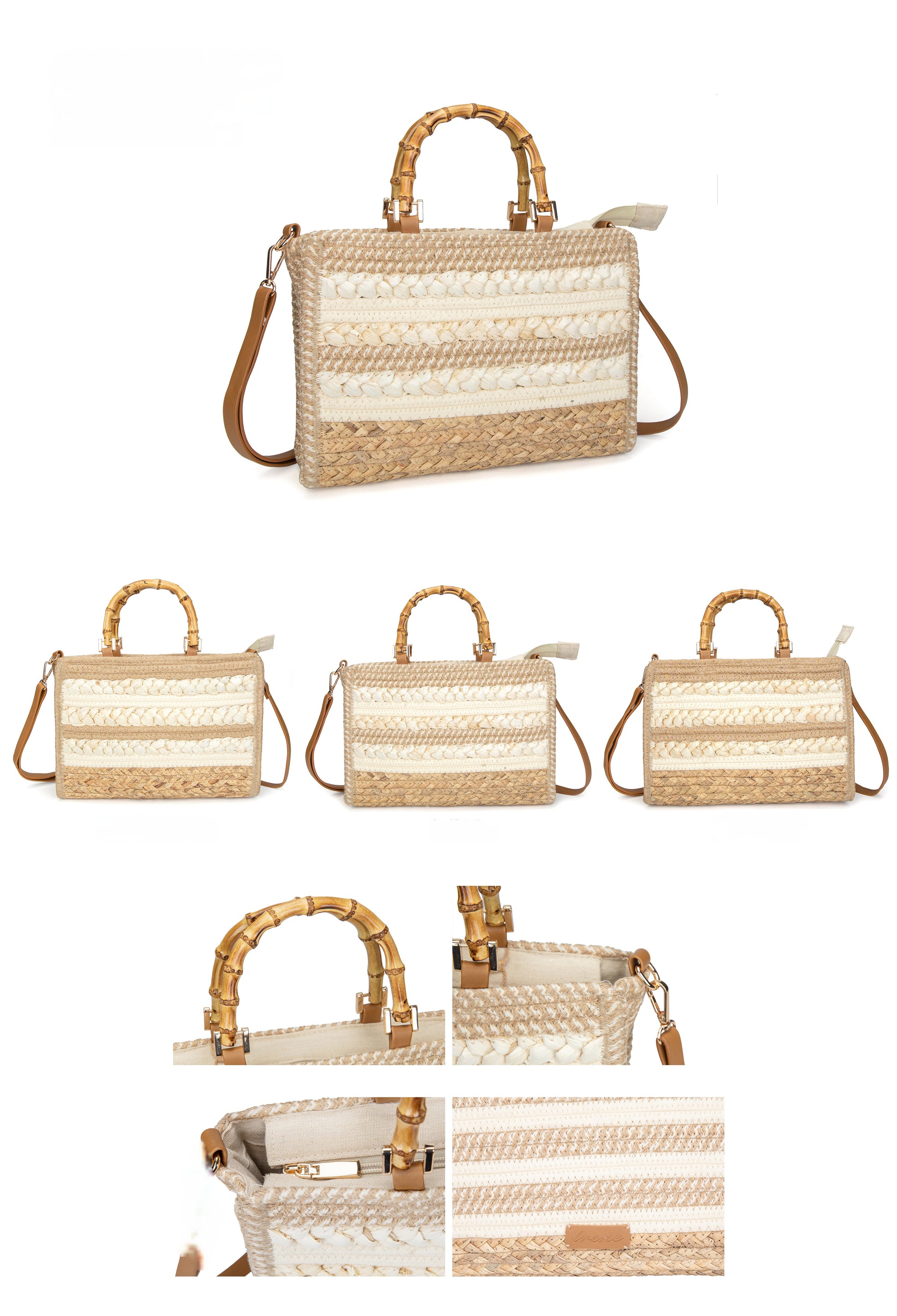 Maletín de rafia con asas de bambú y bandolera | Bolso laptop Irene Bag