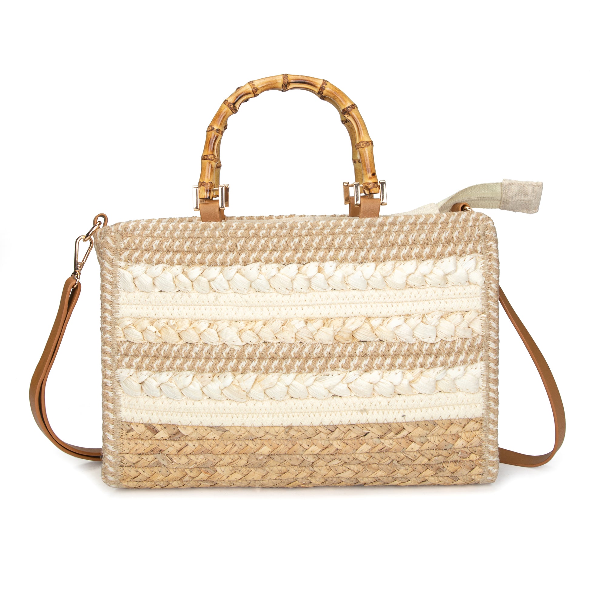 Maletín de rafia con asas de bambú y bandolera | Bolso laptop Irene Bag