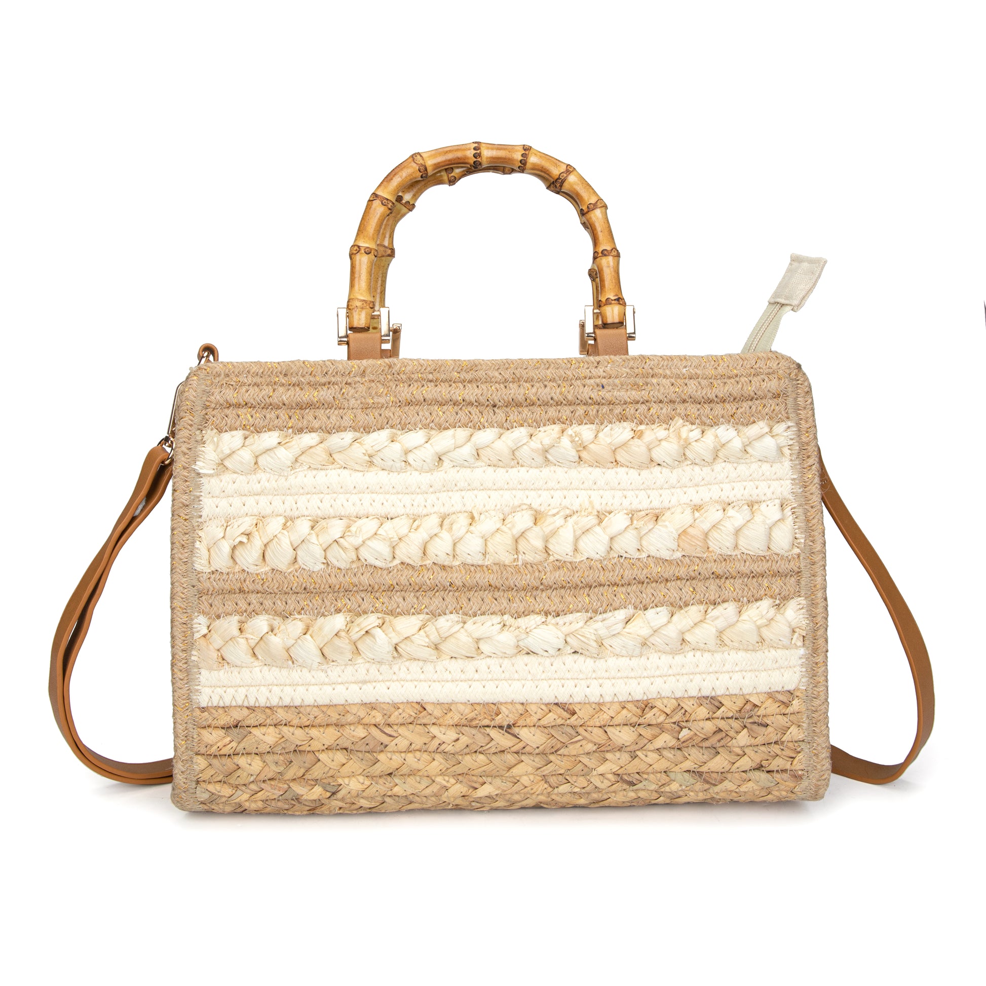 Maletín de rafia con asas de bambú y bandolera | Bolso laptop Irene Bag