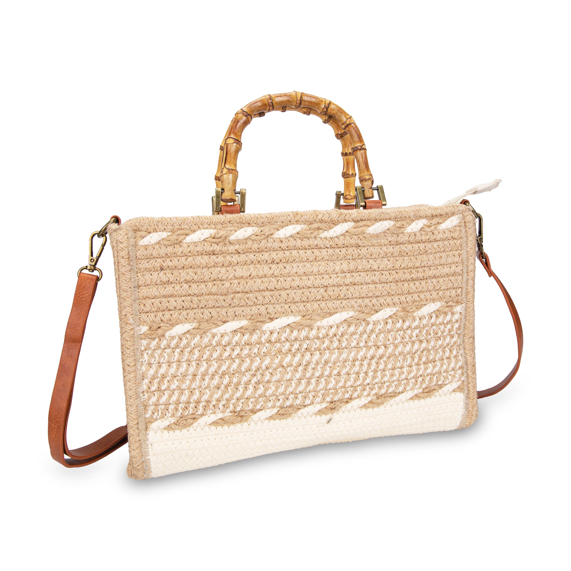 Maletín de rafia con asa de bambú y franjas khaki | Irene Bamboo Case