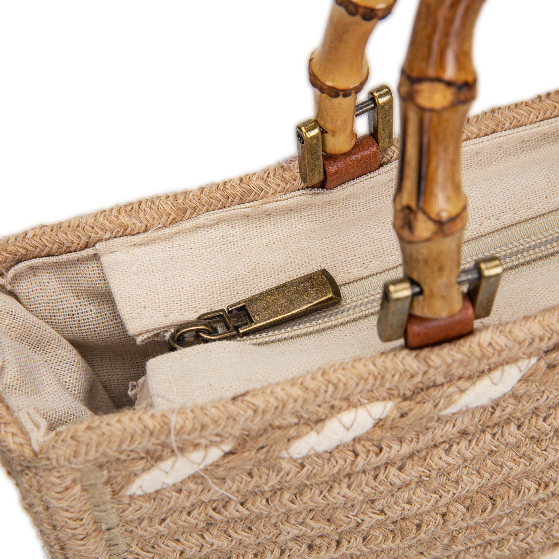 Maletín de rafia con asa de bambú y franjas khaki | Irene Bamboo Case