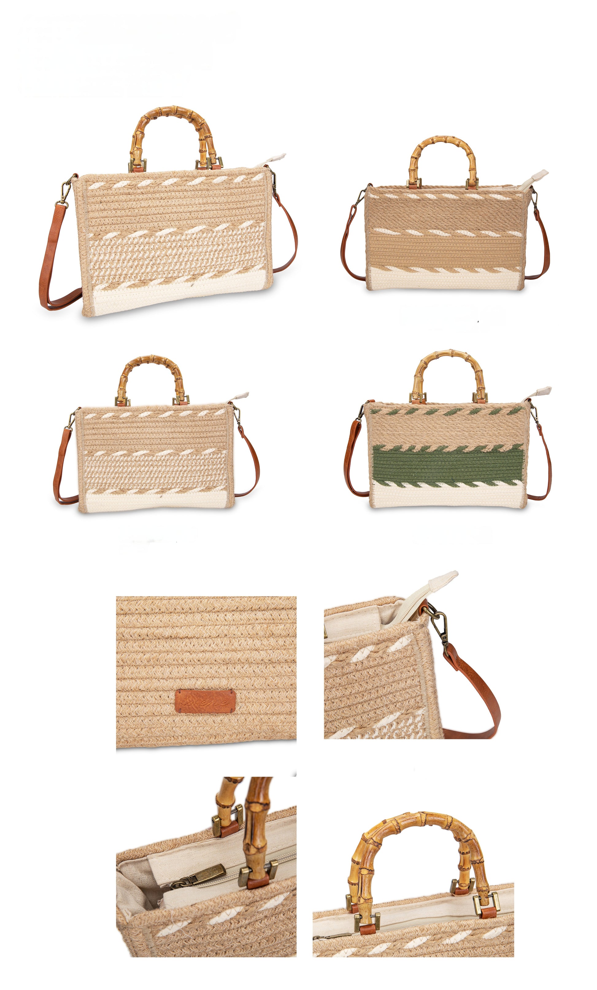 Maletín de rafia con asa de bambú y franjas khaki | Irene Bamboo Case