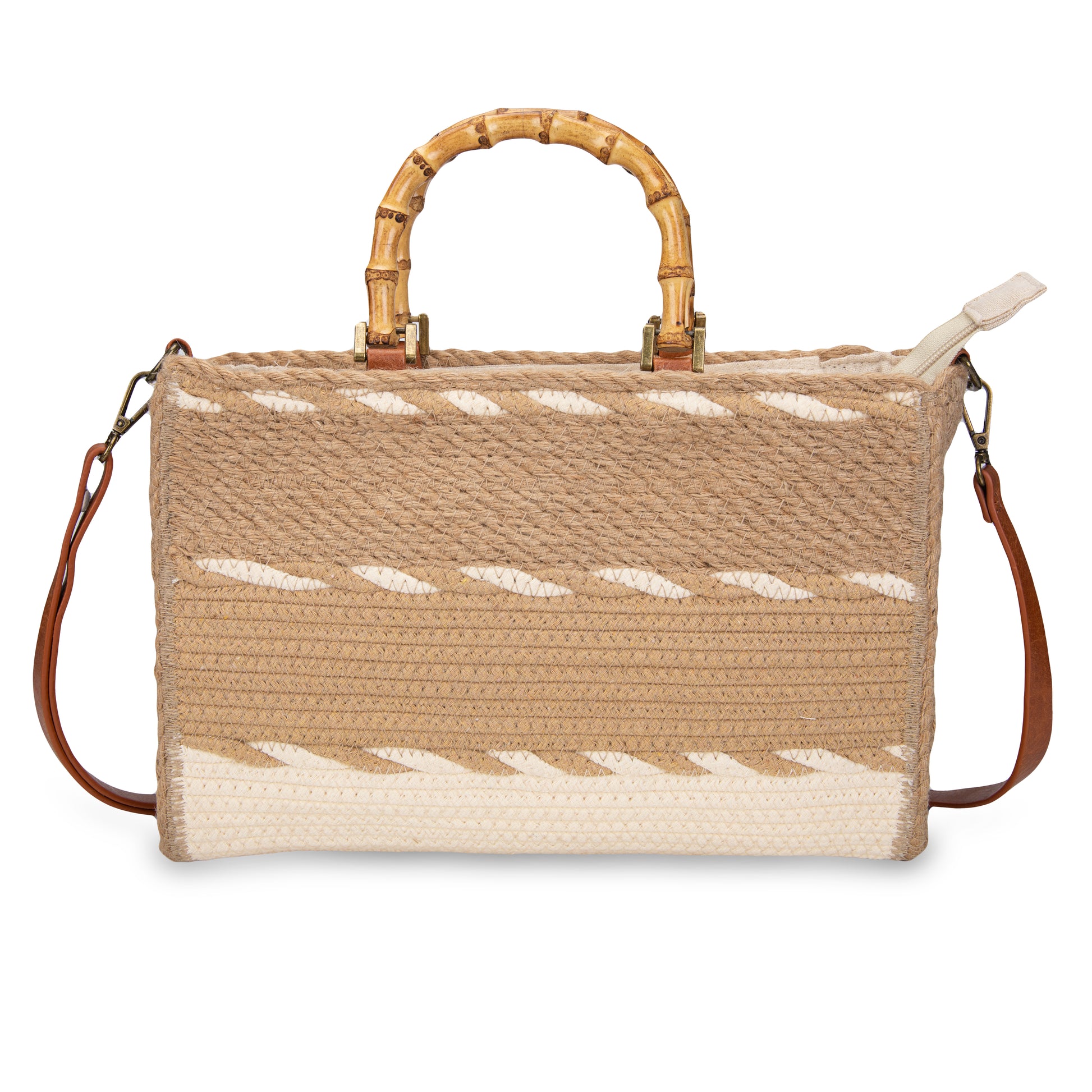 Maletín de rafia con asa de bambú y franjas khaki | Irene Bamboo Case