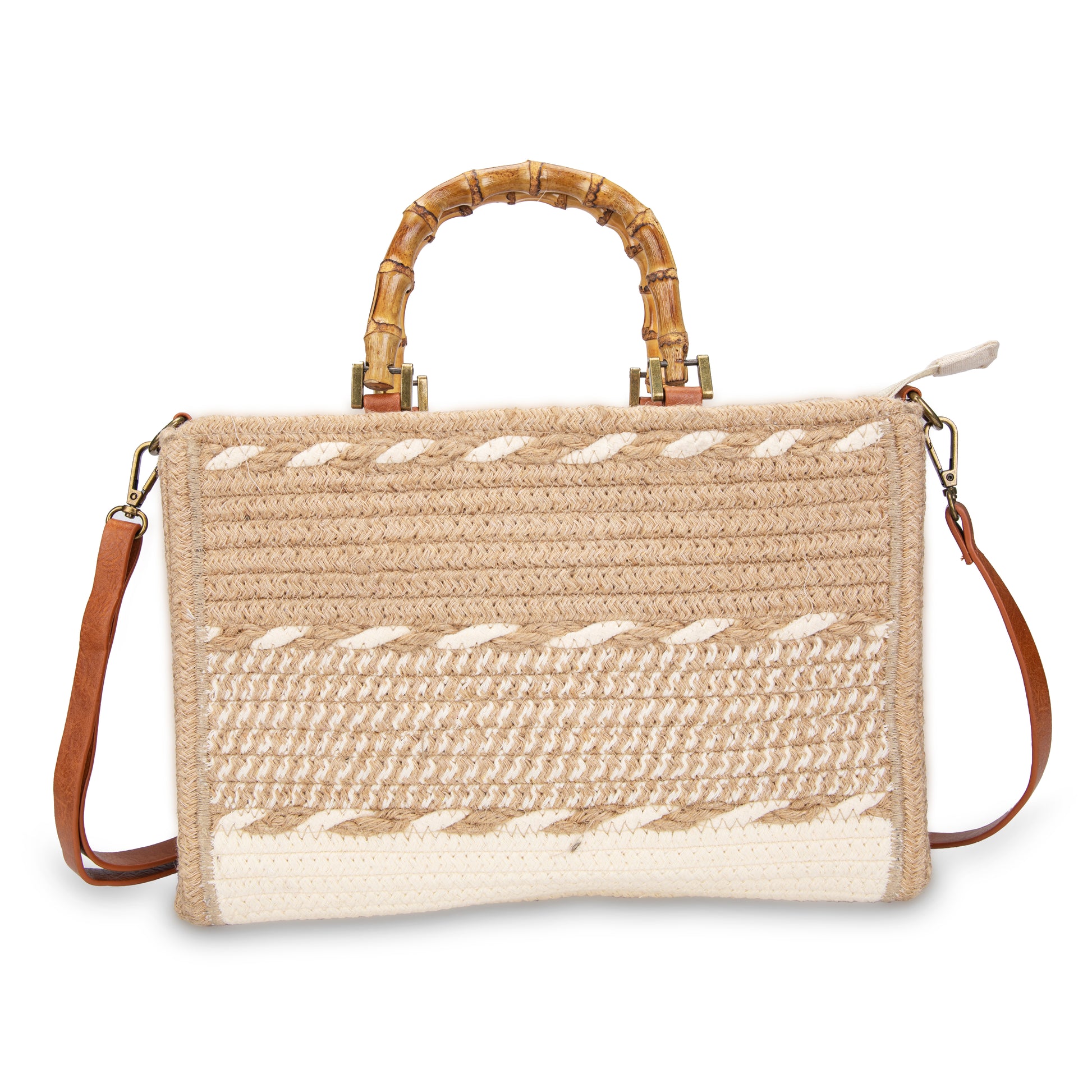 Maletín de rafia con asa de bambú y franjas khaki | Irene Bamboo Case