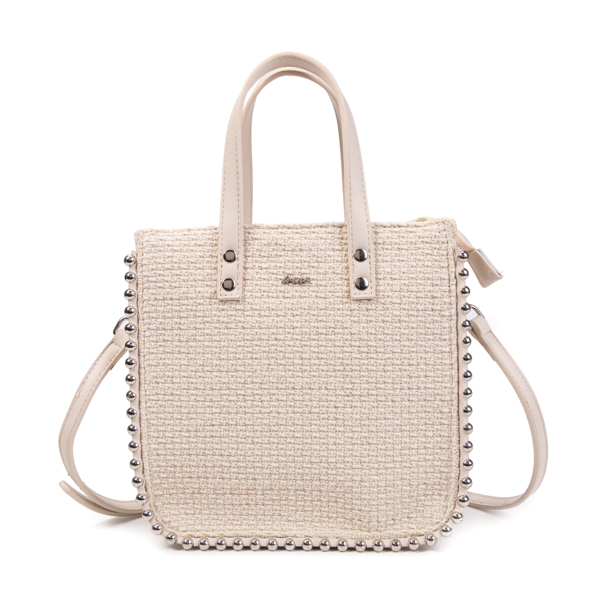 Shopper de rafia beige con tachuelas plateadas | Irene Stud Tote
