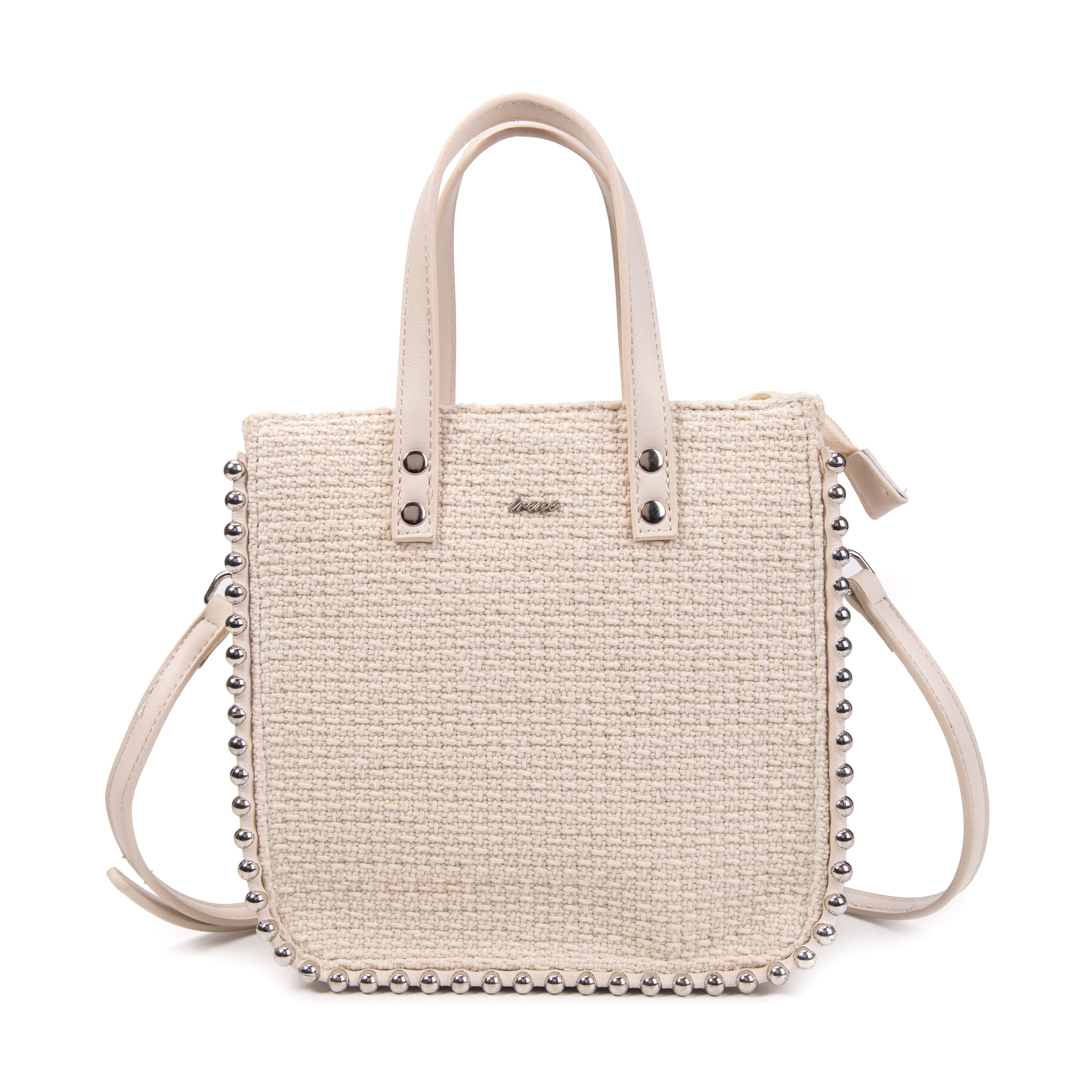 Shopper de rafia beige con tachuelas plateadas | Irene Stud Tote