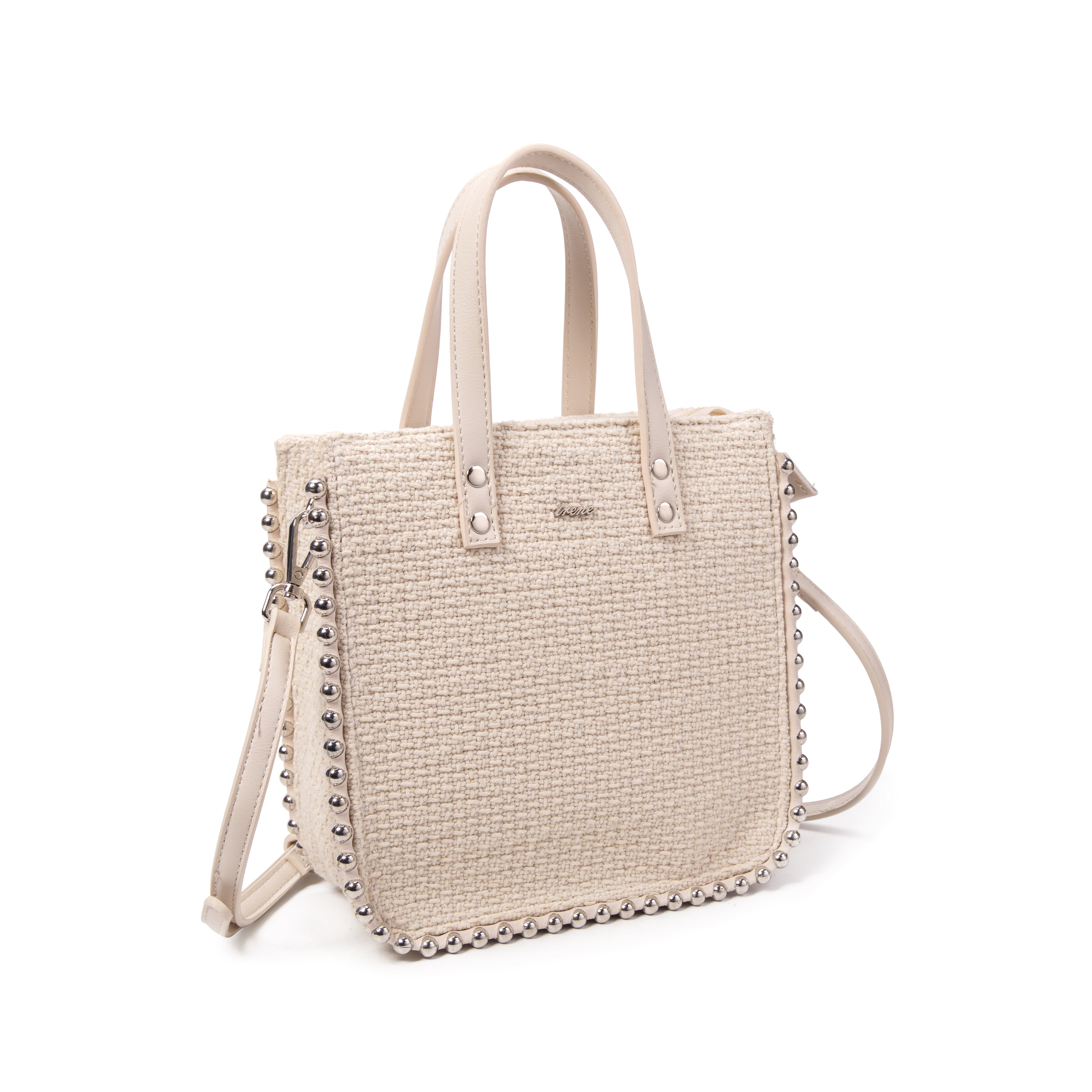Shopper de rafia beige con tachuelas plateadas | Irene Stud Tote