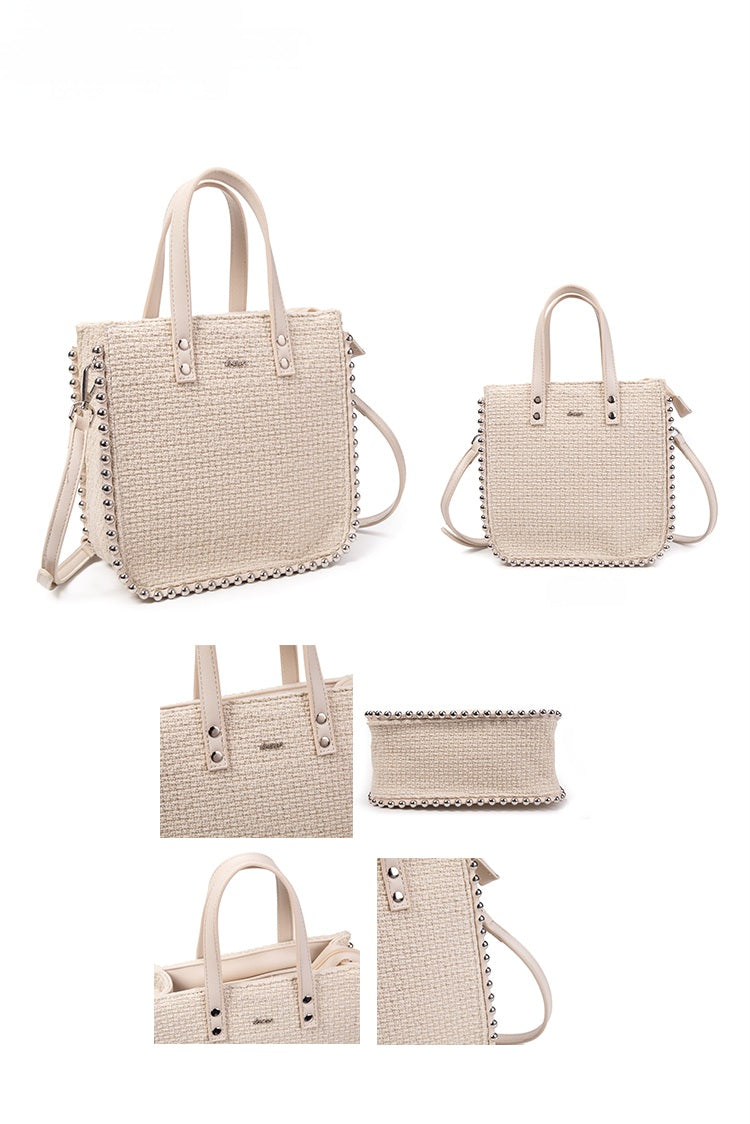Shopper de rafia beige con tachuelas plateadas | Irene Stud Tote