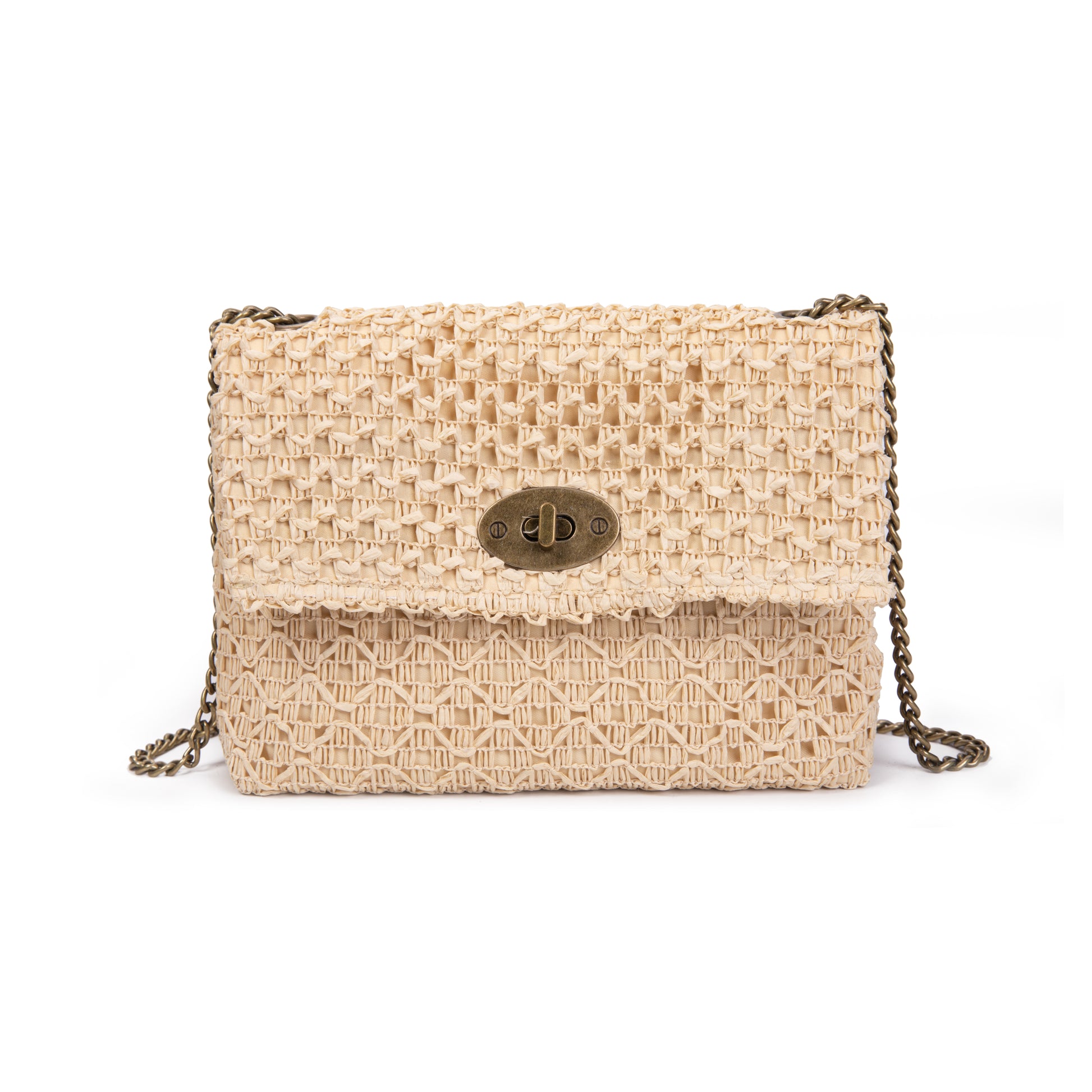 Mini bandolera de rafia con cadena y cierre giratorio | Irene Woven Chain Bag