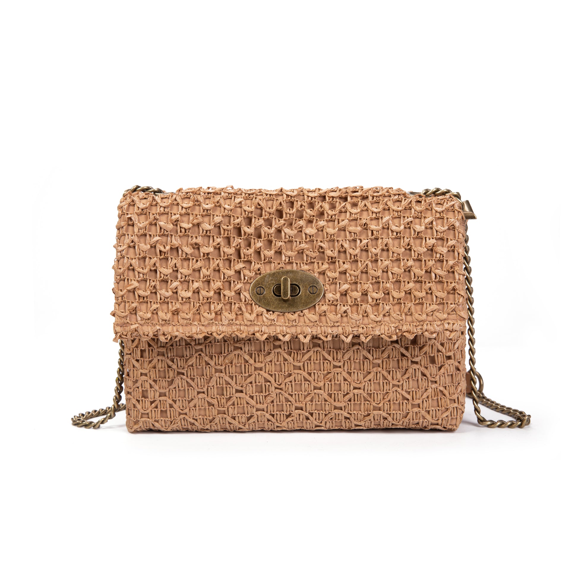 Mini bandolera de rafia con cadena y cierre giratorio | Irene Woven Chain Bag