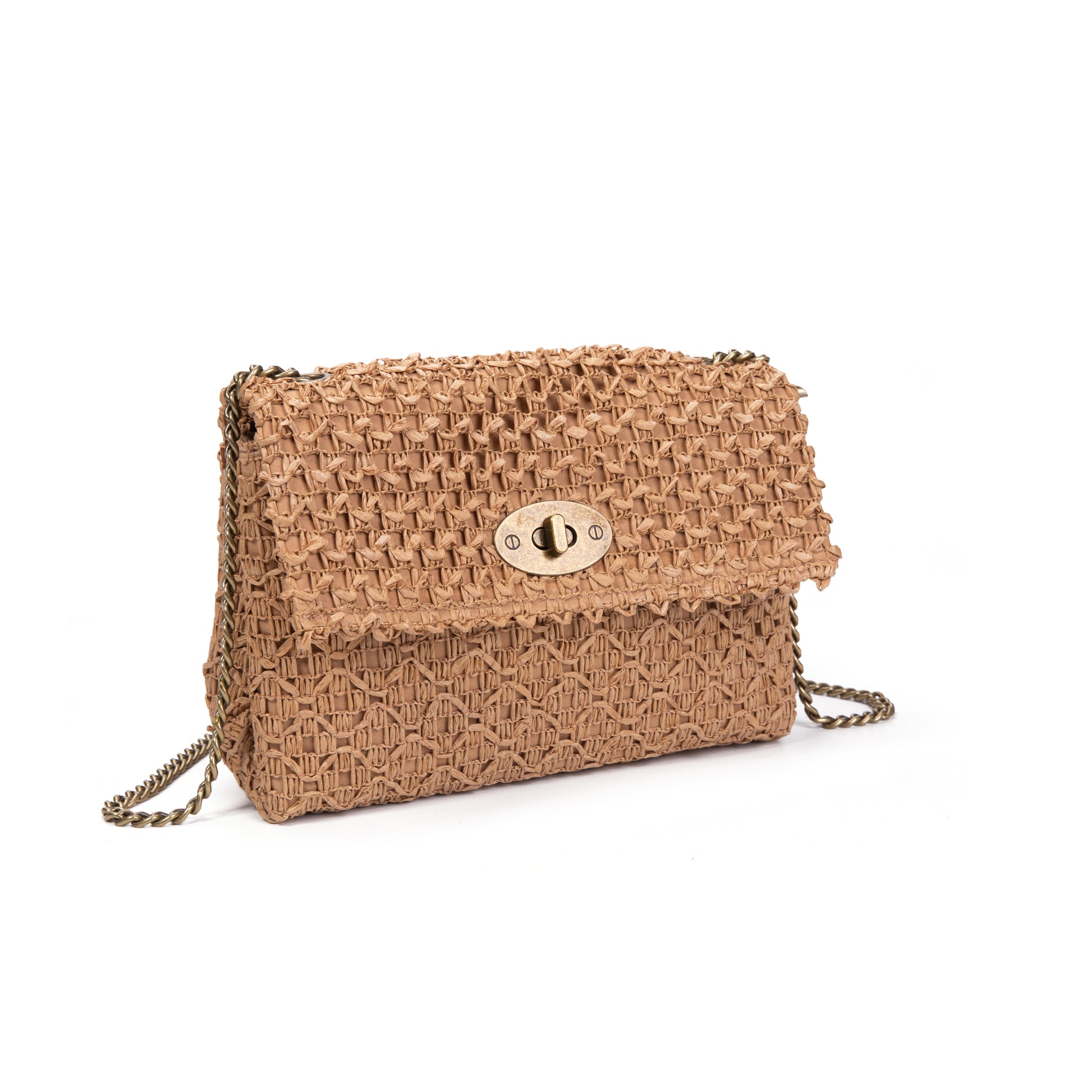 Mini bandolera de rafia con cadena y cierre giratorio | Irene Woven Chain Bag