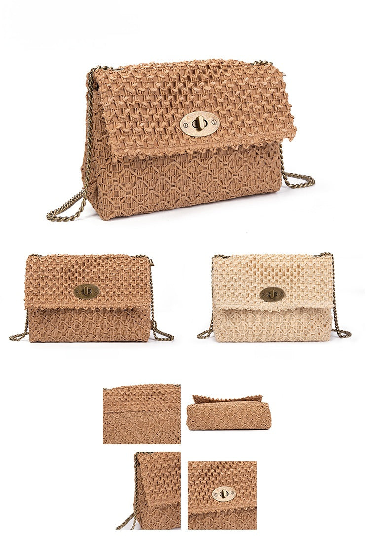 Mini bandolera de rafia con cadena y cierre giratorio | Irene Woven Chain Bag