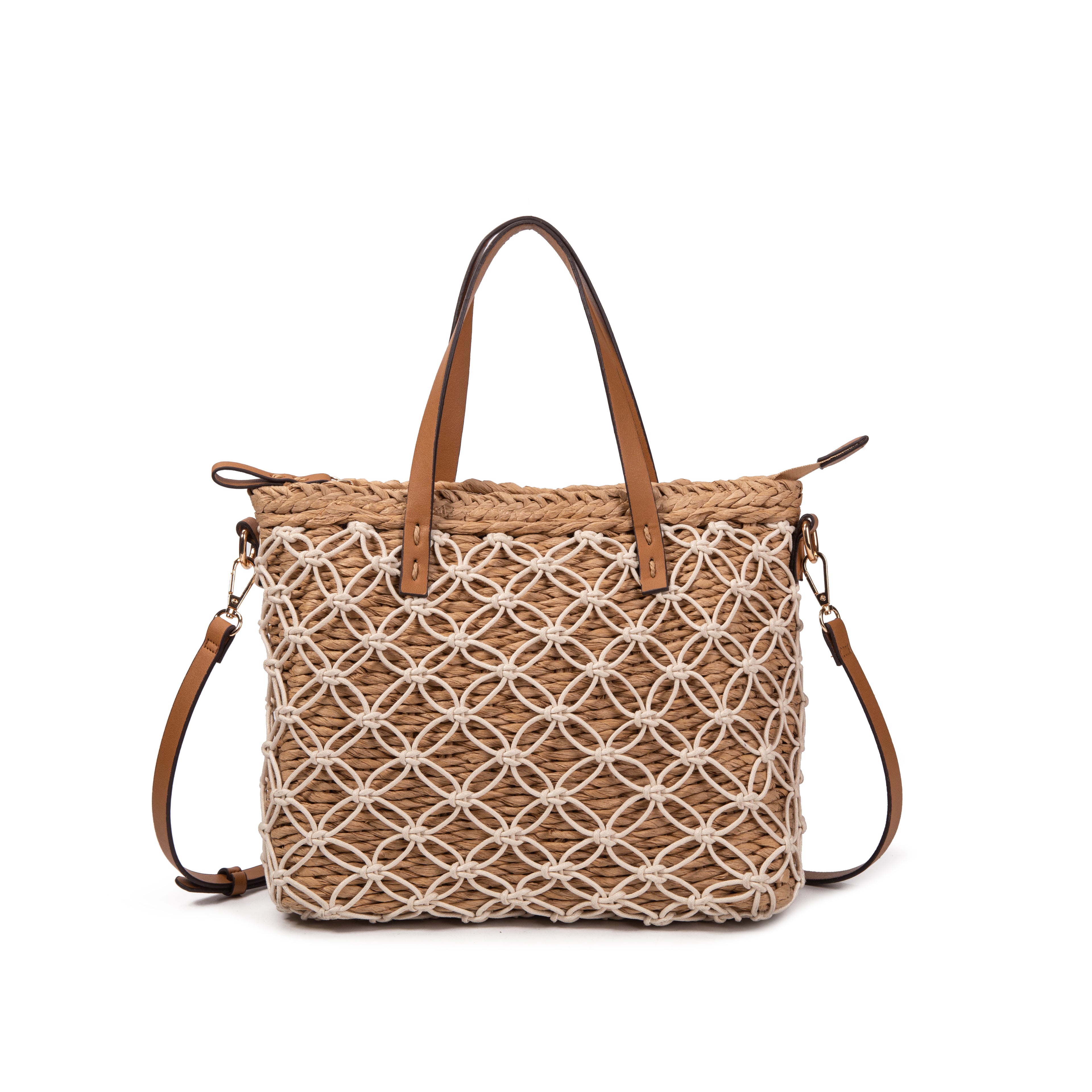 Bolso Shopper de Rafia con Macramé
