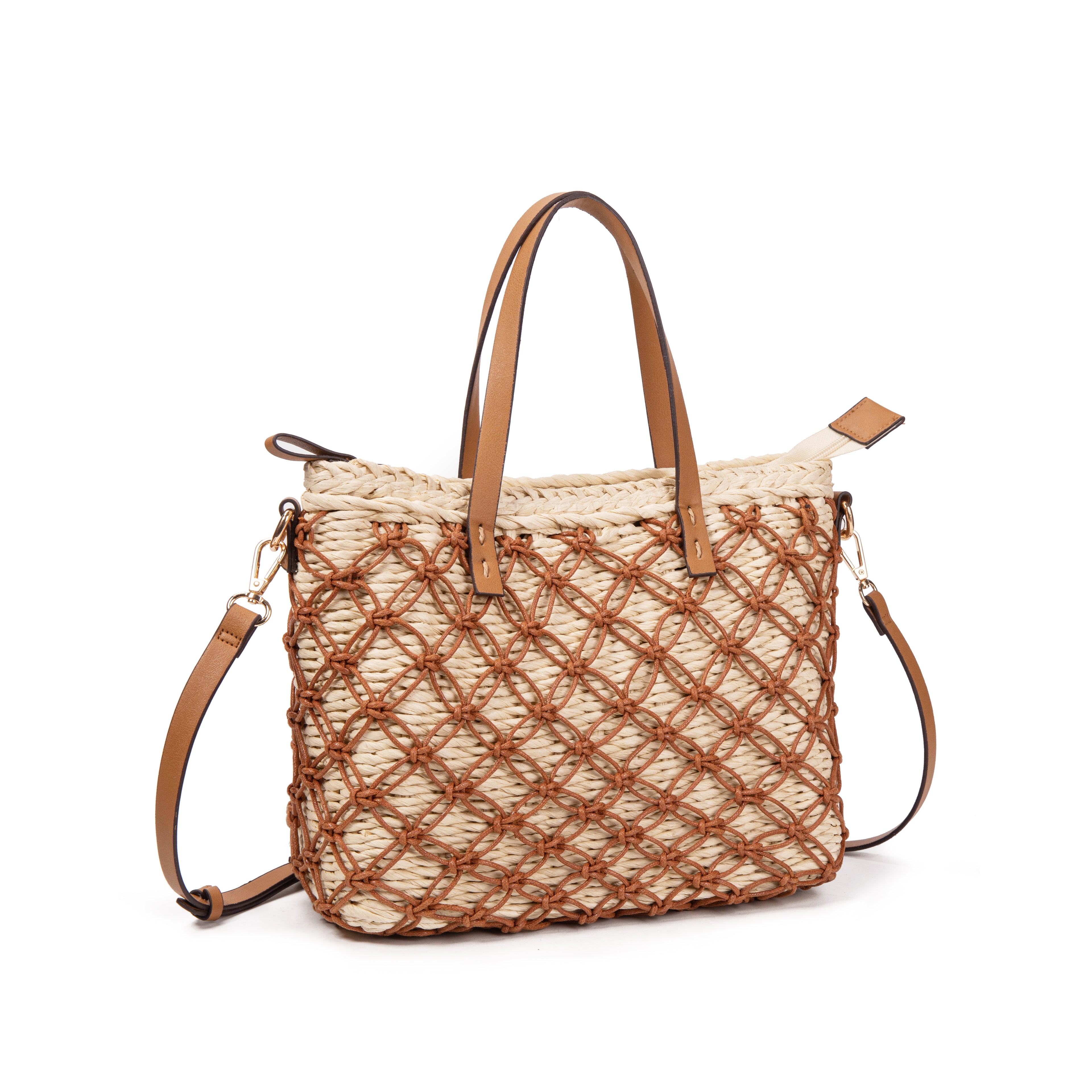 Bolso Shopper de Rafia con Macramé