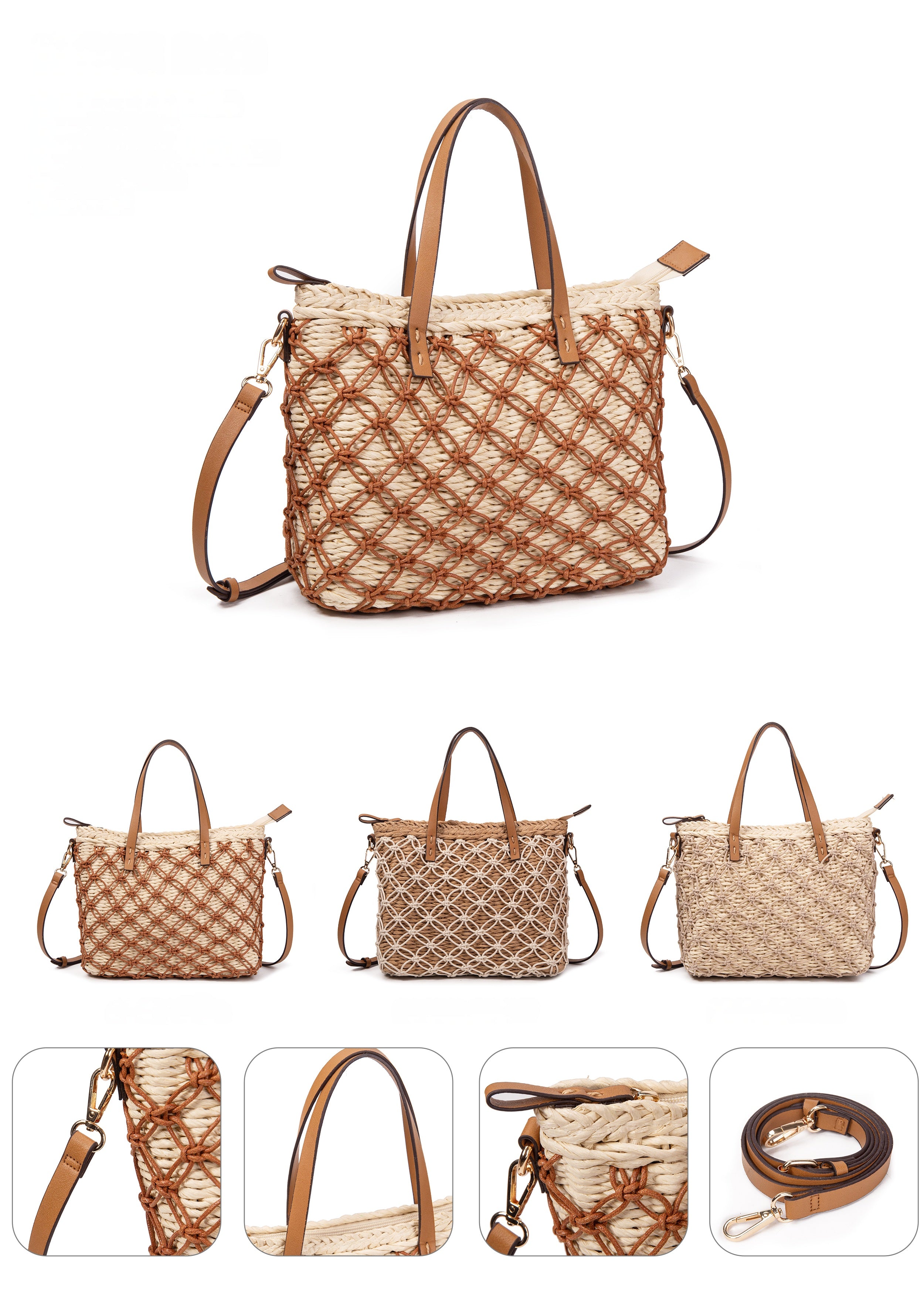 Bolso Shopper de Rafia con Macramé