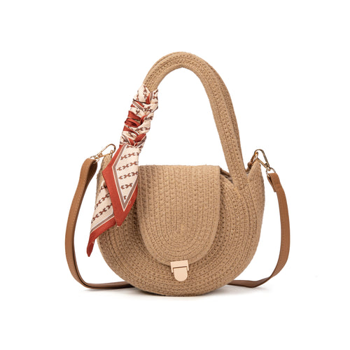 Bolso Semiluna de Rafia con Pañuelo y Bandolera