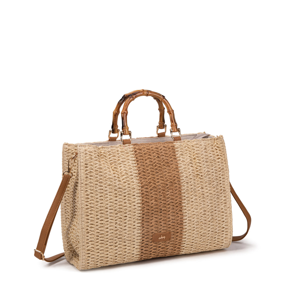 Bolso tote de rafia bicolor con asas de bambú | Abag® Bamboo Stripe