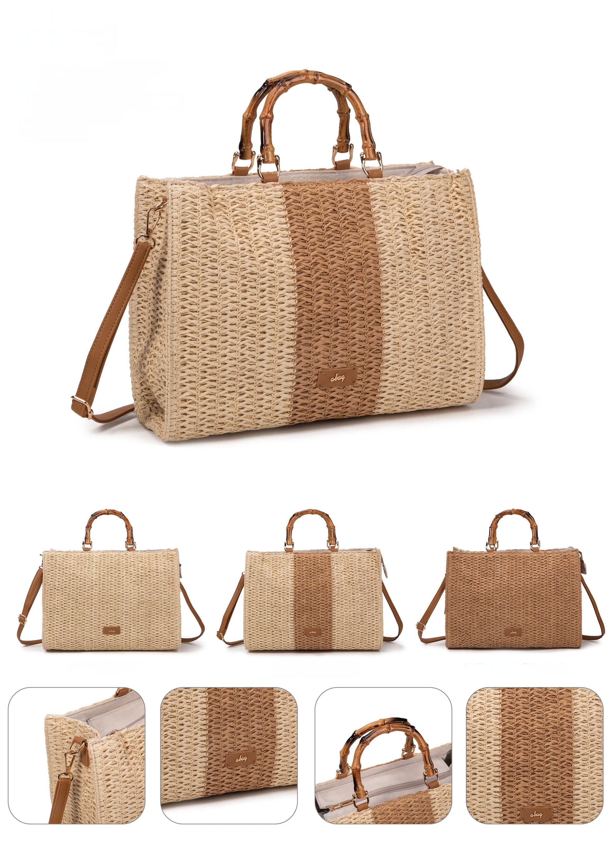 Bolso tote de rafia bicolor con asas de bambú | Abag® Bamboo Stripe