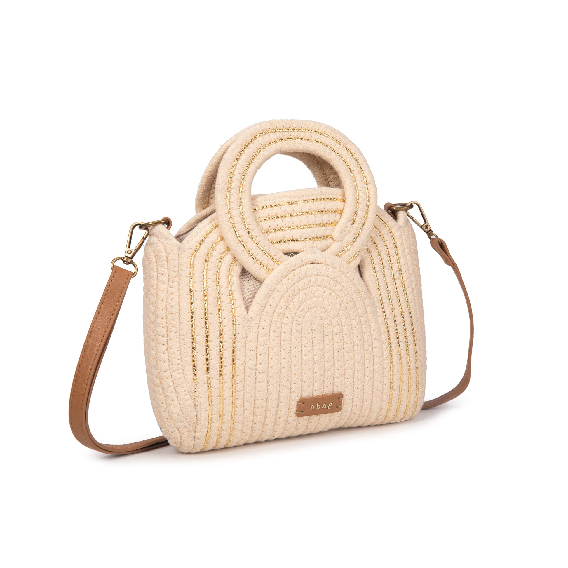 Bolso de algodón con asa circular y bordados dorados | Elegante, versátil y ligero | Modelo exclusivo verano 2025 | Edición limitada | ABAG