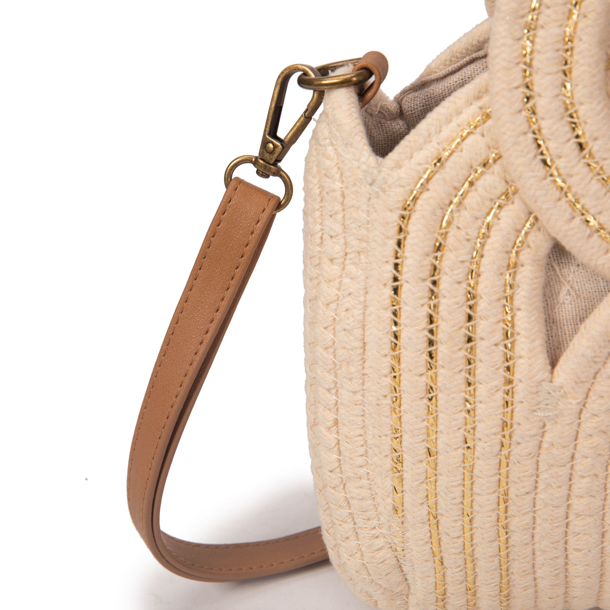 Bolso de algodón con asa circular y bordados dorados | Elegante, versátil y ligero | Modelo exclusivo verano 2025 | Edición limitada | ABAG