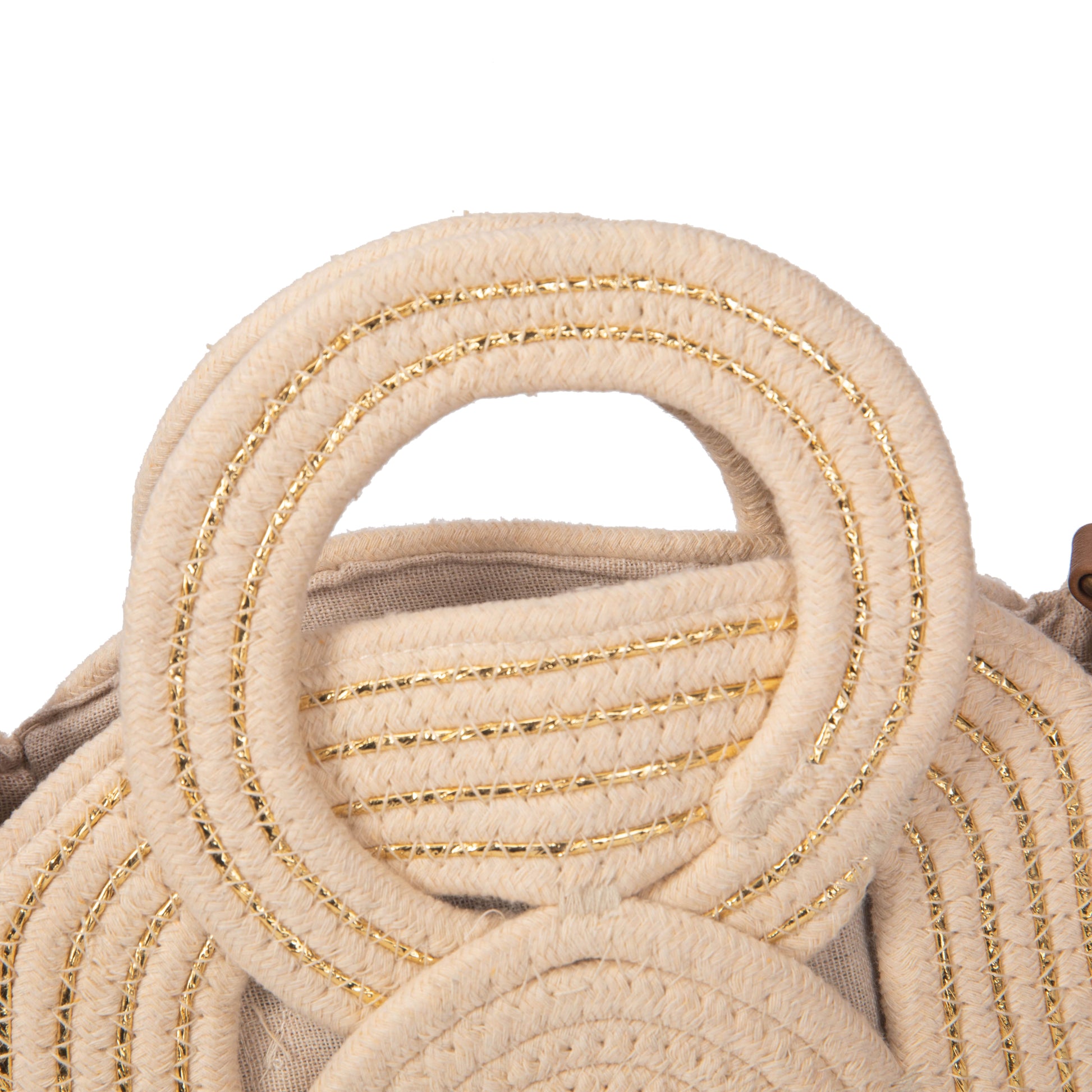 Bolso de algodón con asa circular y bordados dorados | Elegante, versátil y ligero | Modelo exclusivo verano 2025 | Edición limitada | ABAG