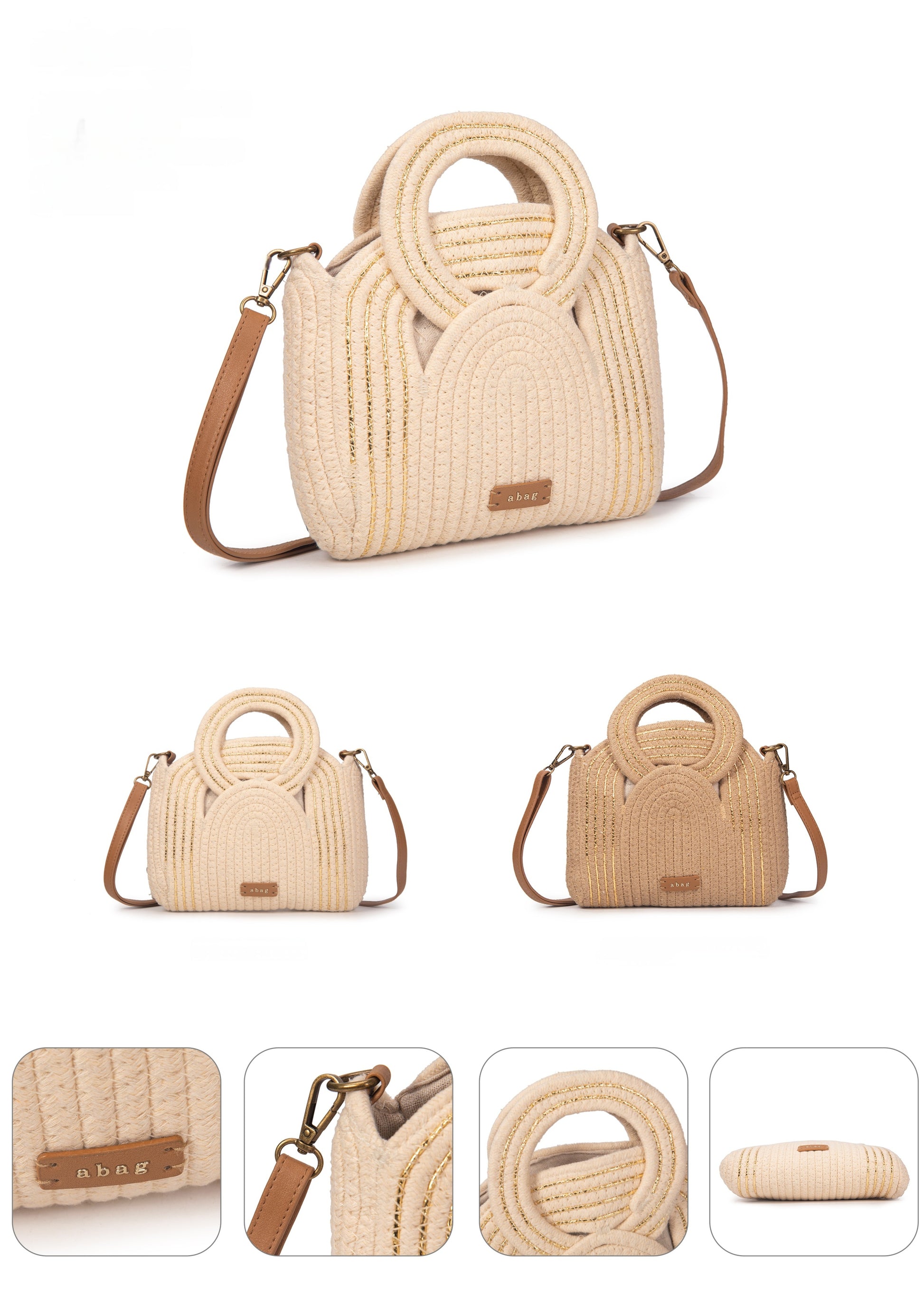 Bolso de algodón con asa circular y bordados dorados | Elegante, versátil y ligero | Modelo exclusivo verano 2025 | Edición limitada | ABAG