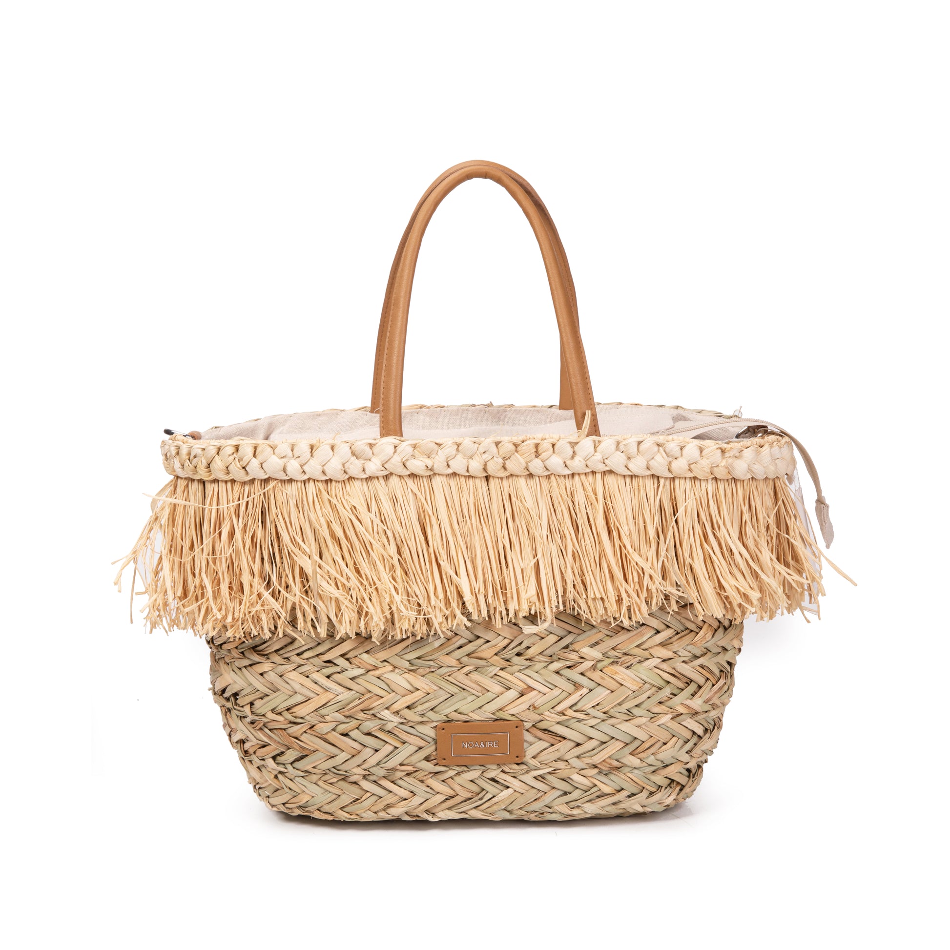 Capazo de palma con flecos de rafia y asas de piel | Bolso shopper playa mujer