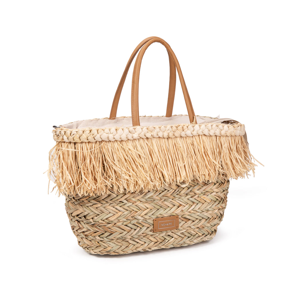 Capazo de palma con flecos de rafia y asas de piel | Bolso shopper playa mujer