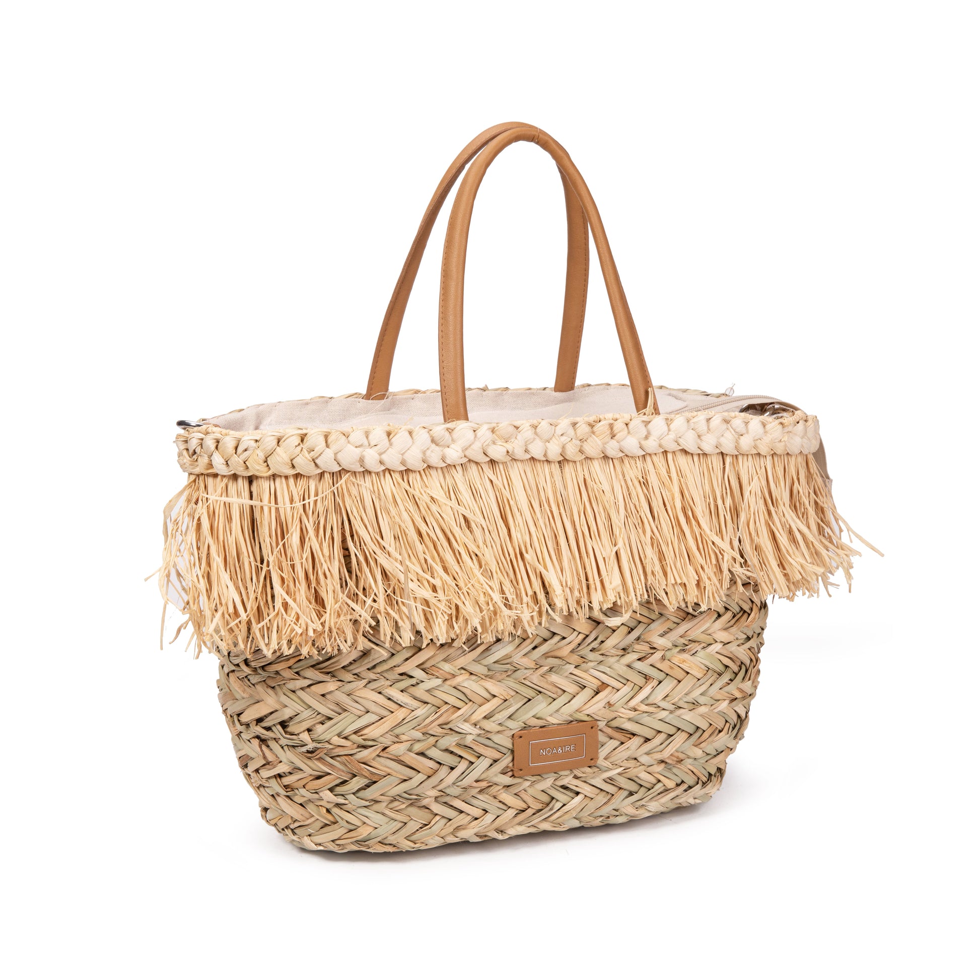 Capazo de palma con flecos de rafia y asas de piel | Bolso shopper playa mujer