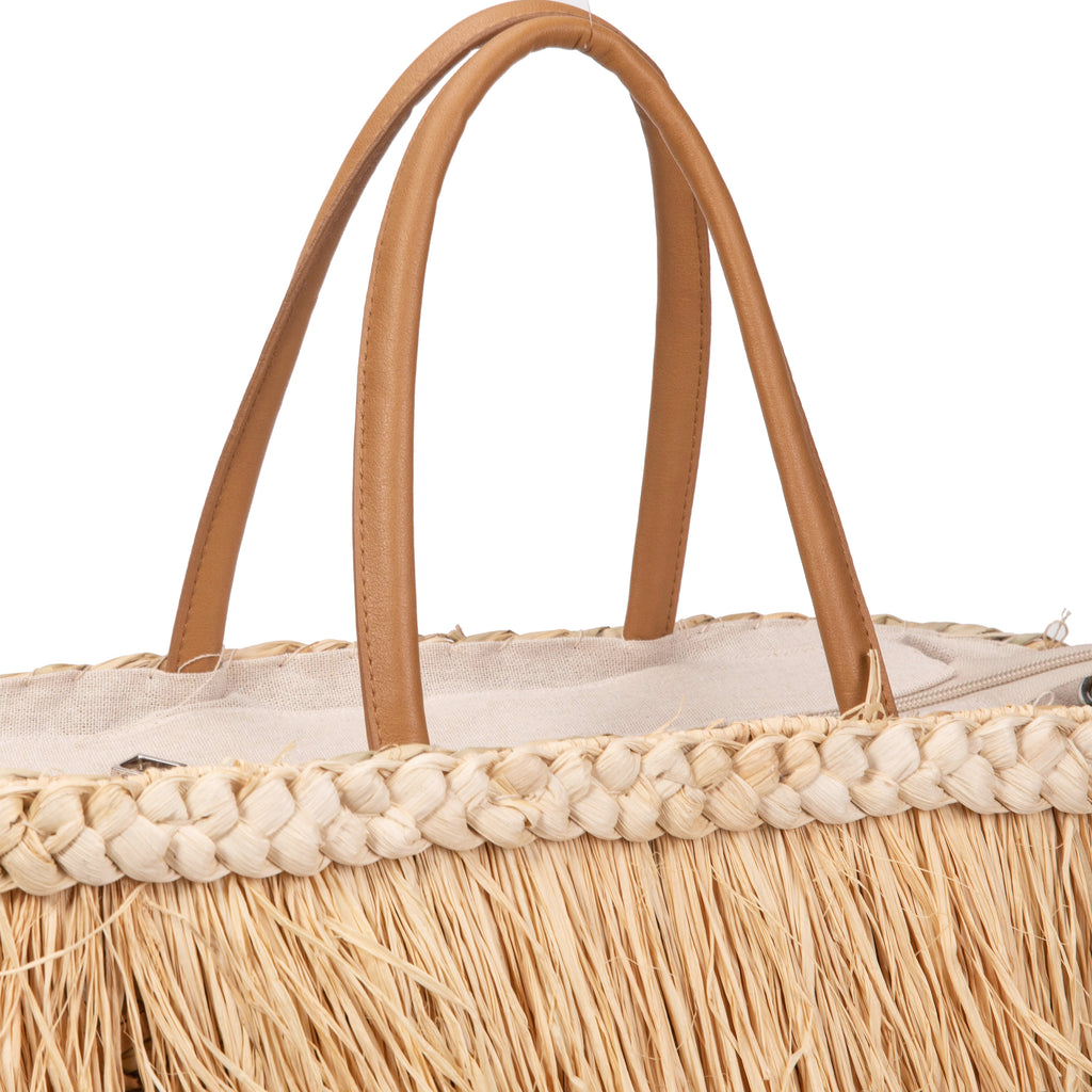 Capazo de palma con flecos de rafia y asas de piel | Bolso shopper playa mujer