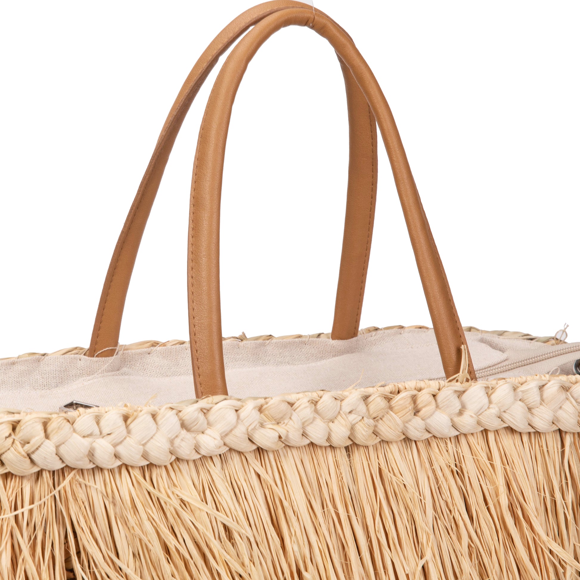 Capazo de palma con flecos de rafia y asas de piel | Bolso shopper playa mujer