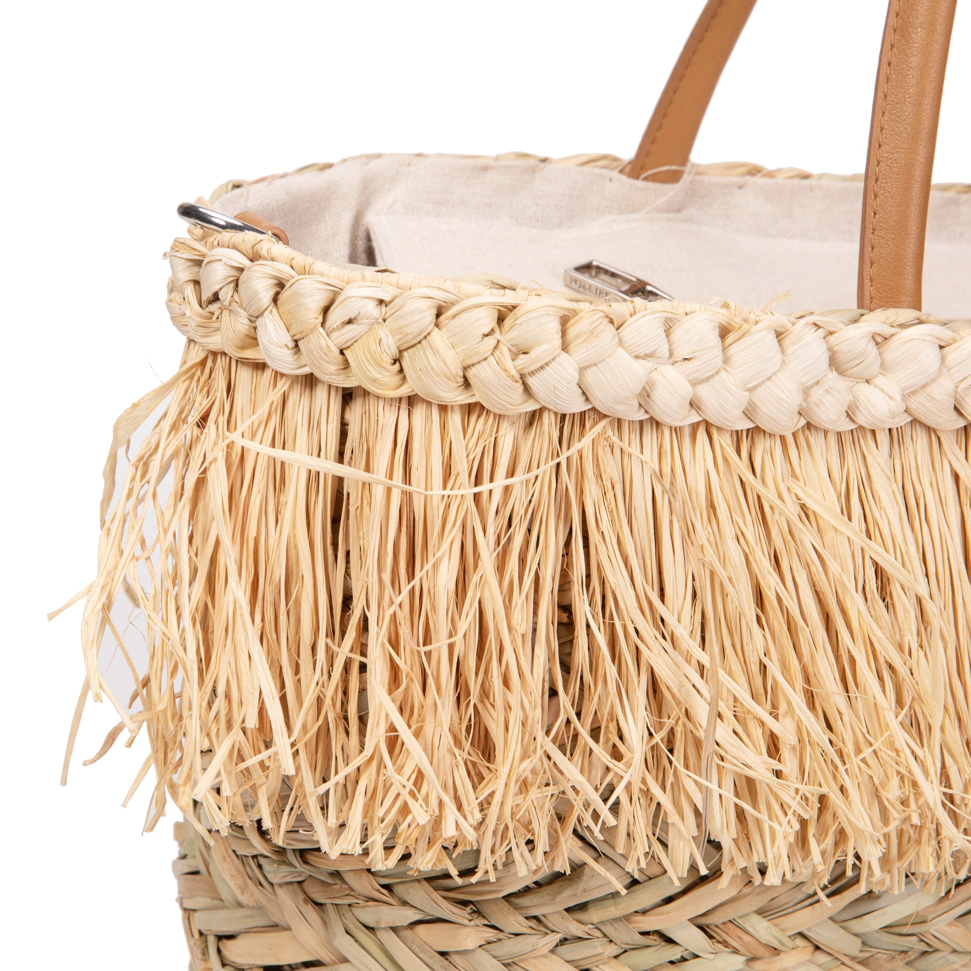 Capazo de palma con flecos de rafia y asas de piel | Bolso shopper playa mujer