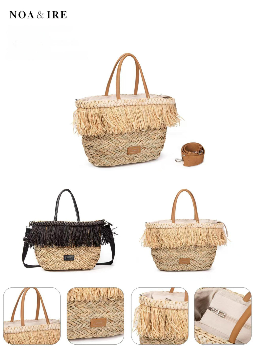 Capazo de palma con flecos de rafia y asas de piel | Bolso shopper playa mujer