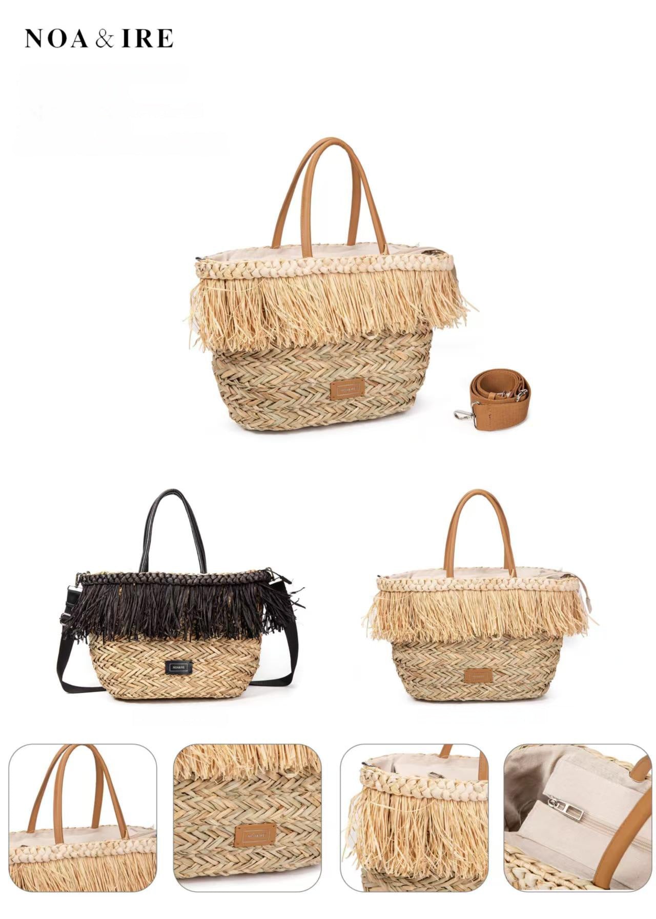 Capazo de palma con flecos de rafia y asas de piel | Bolso shopper playa mujer