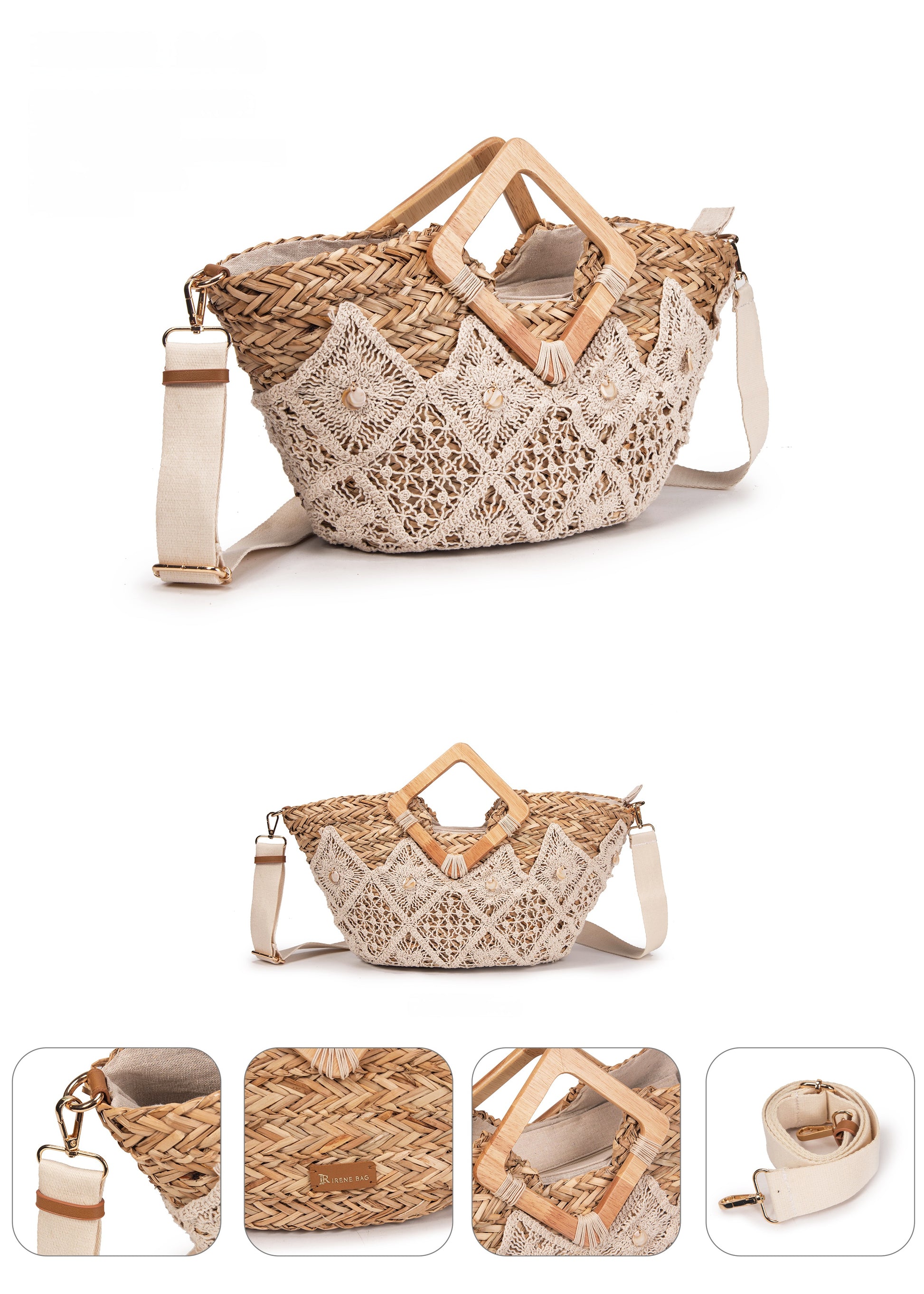 Capazo de palma con asas de madera y encaje crochet | Bolso boho