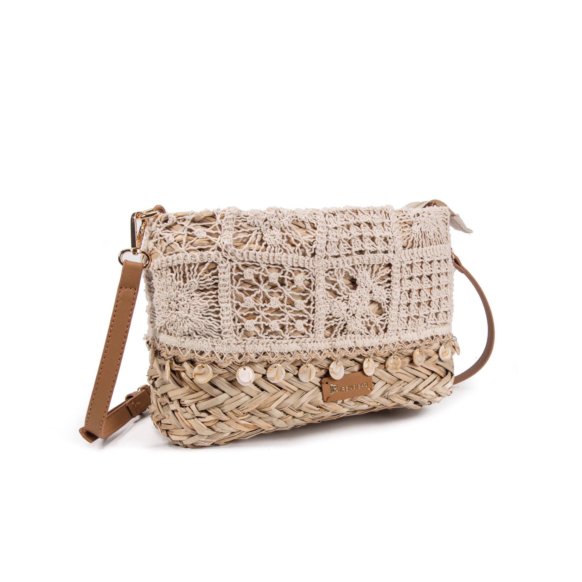 Bolso bandolera de palma y encaje crochet con conchas | Clutch boho Irene Bag