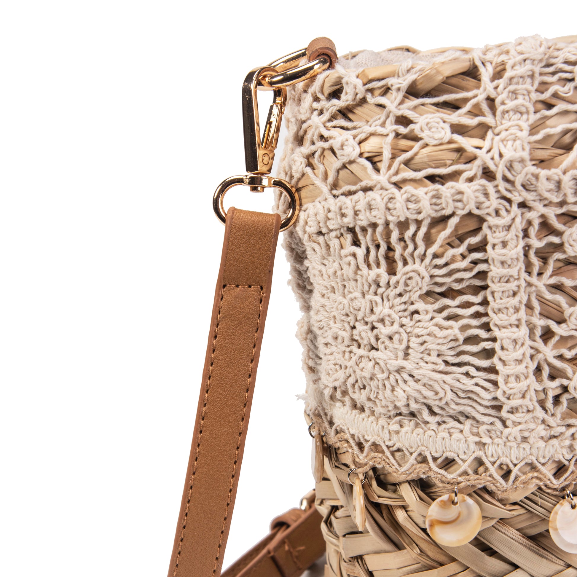 Bolso bandolera de palma y encaje crochet con conchas | Clutch boho Irene Bag