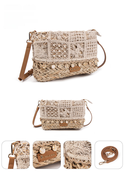 Bolso bandolera de palma y encaje crochet con conchas | Clutch boho Irene Bag