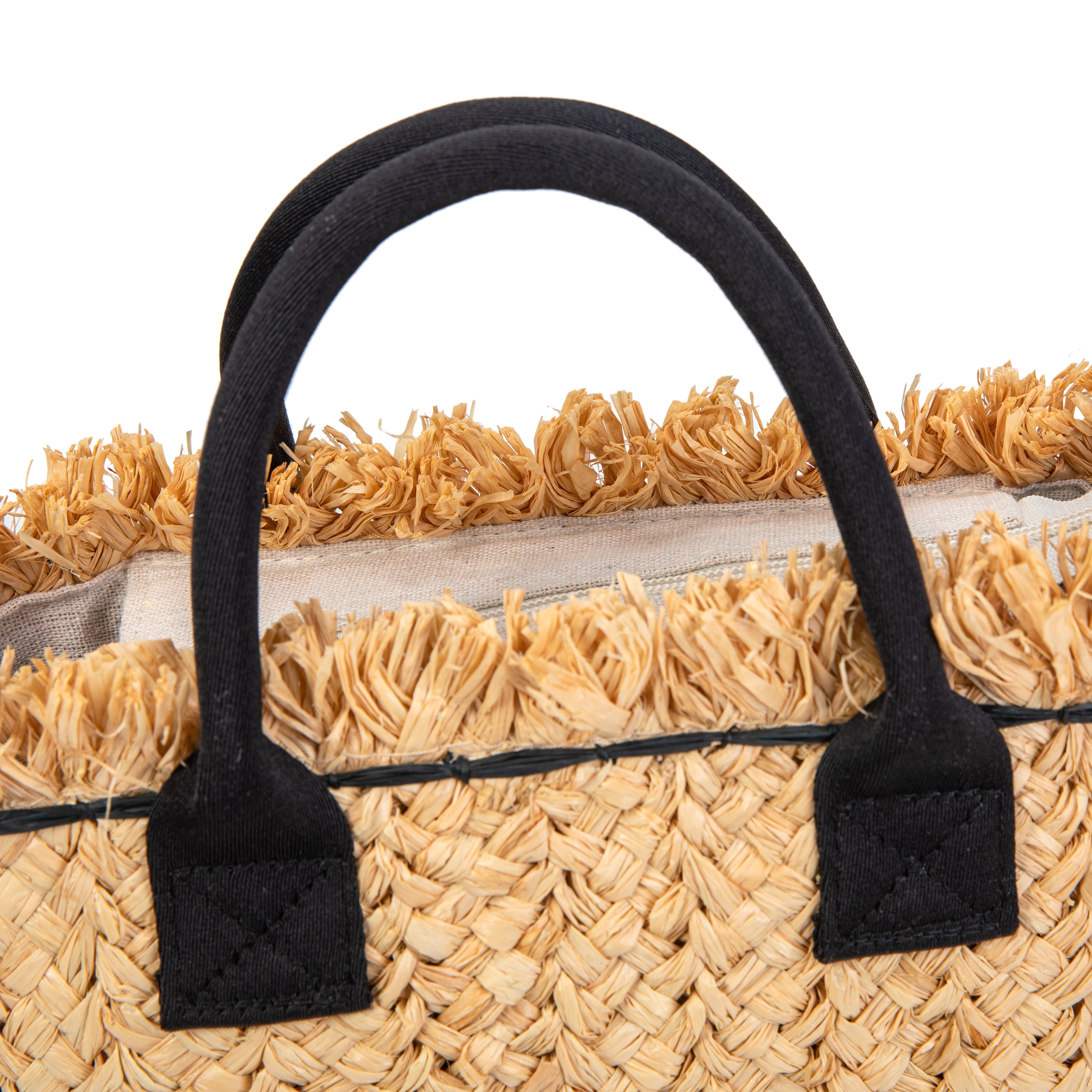 Capazo mini de rafia con flecos y asas negras | Bolso bandolera verano