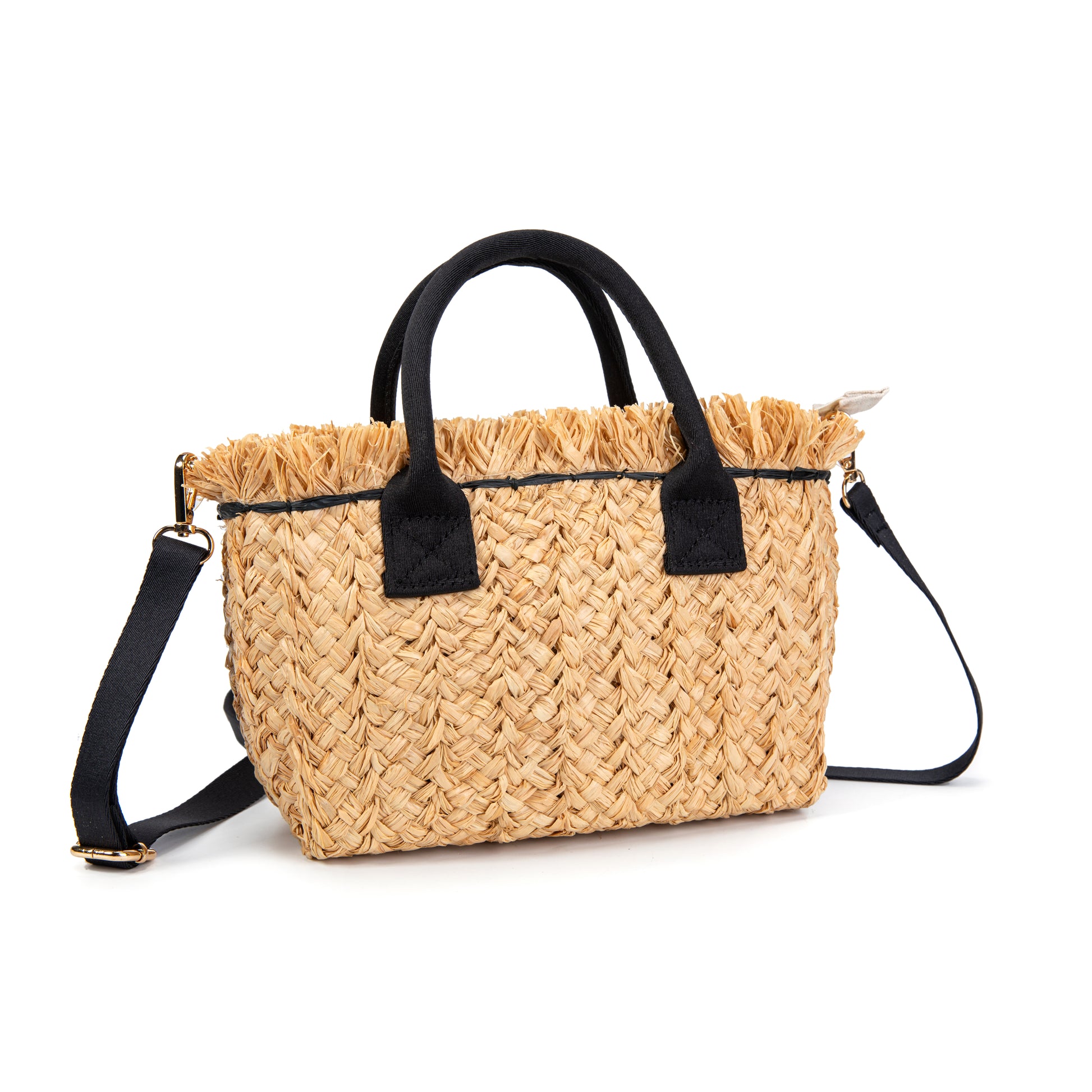 Capazo mini de rafia con flecos y asas negras | Bolso bandolera verano