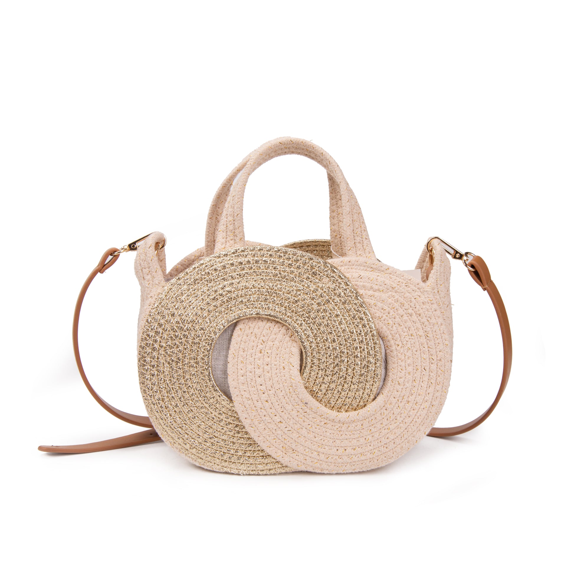 Bolso circular de rafia con nudo entrelazado y destellos dorados | Mini tote bandolera
