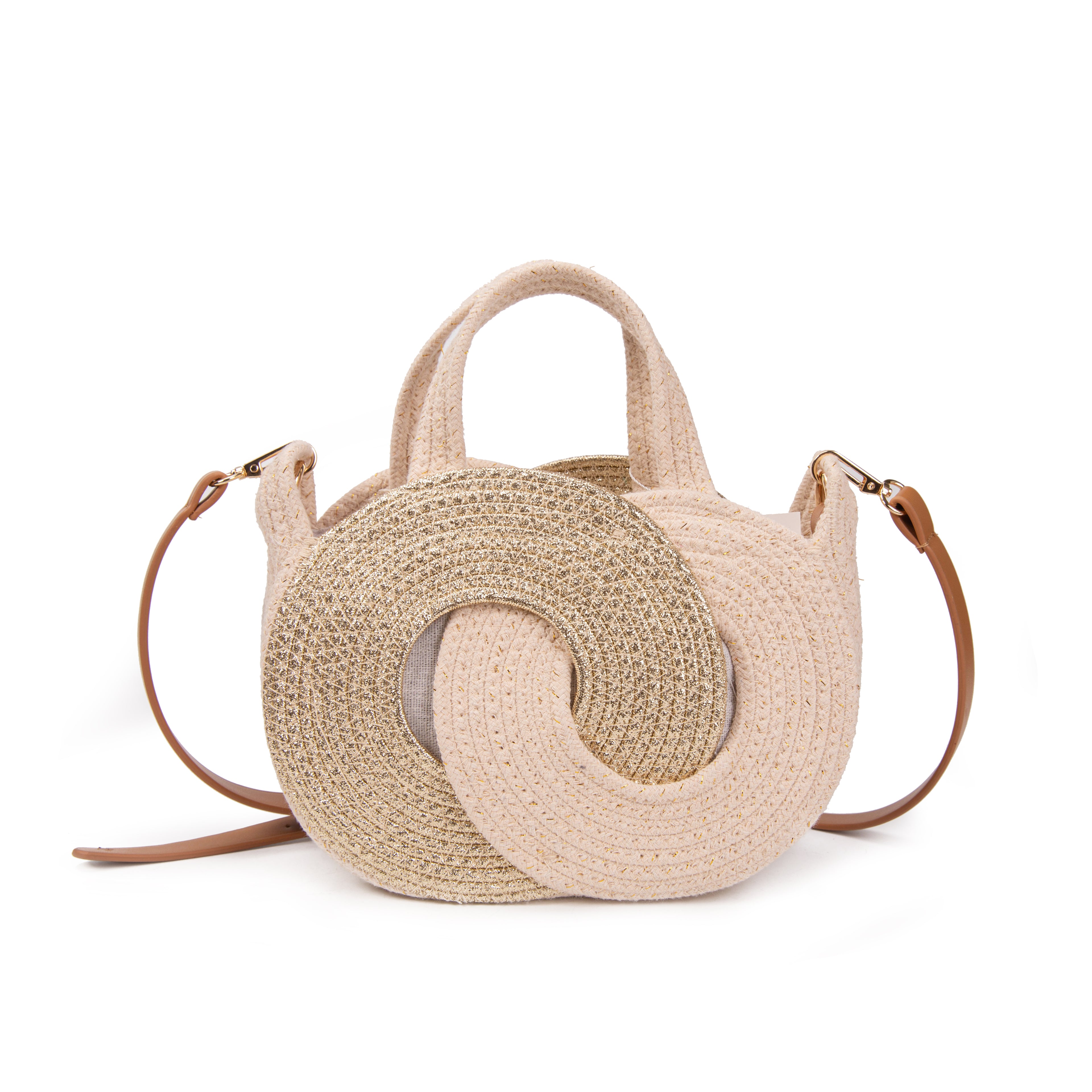 Bolso circular de rafia con nudo entrelazado y destellos dorados | Mini tote bandolera