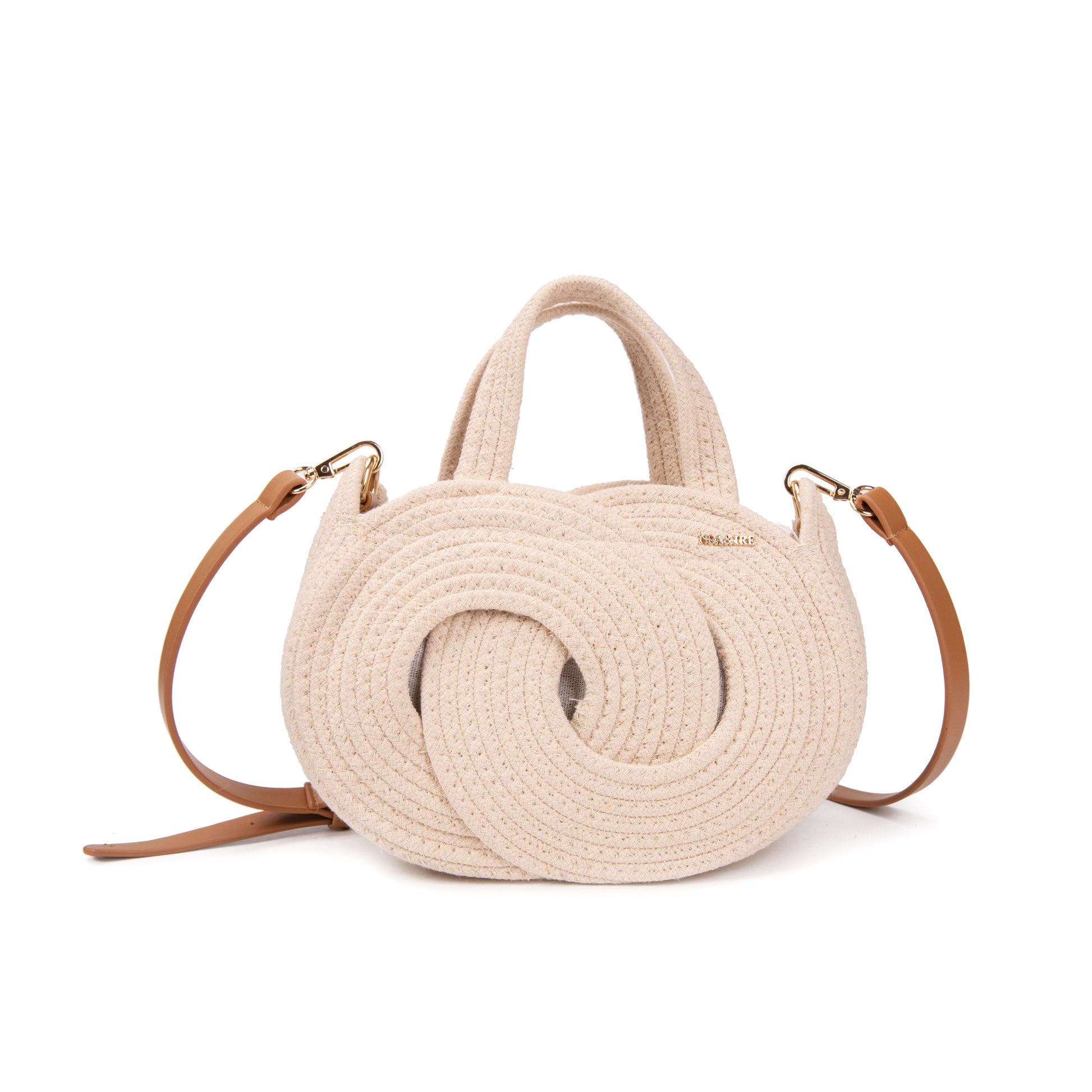 Bolso circular de rafia con nudo entrelazado y destellos dorados | Mini tote bandolera