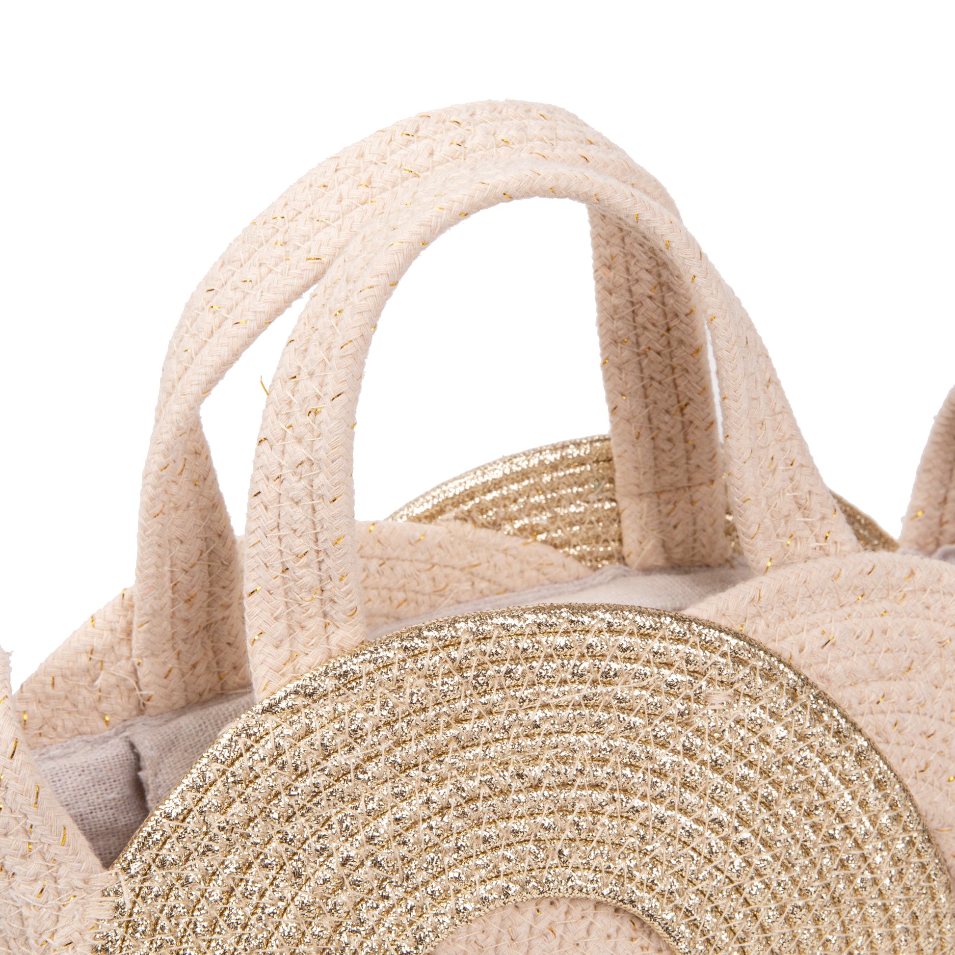 Bolso circular de rafia con nudo entrelazado y destellos dorados | Mini tote bandolera