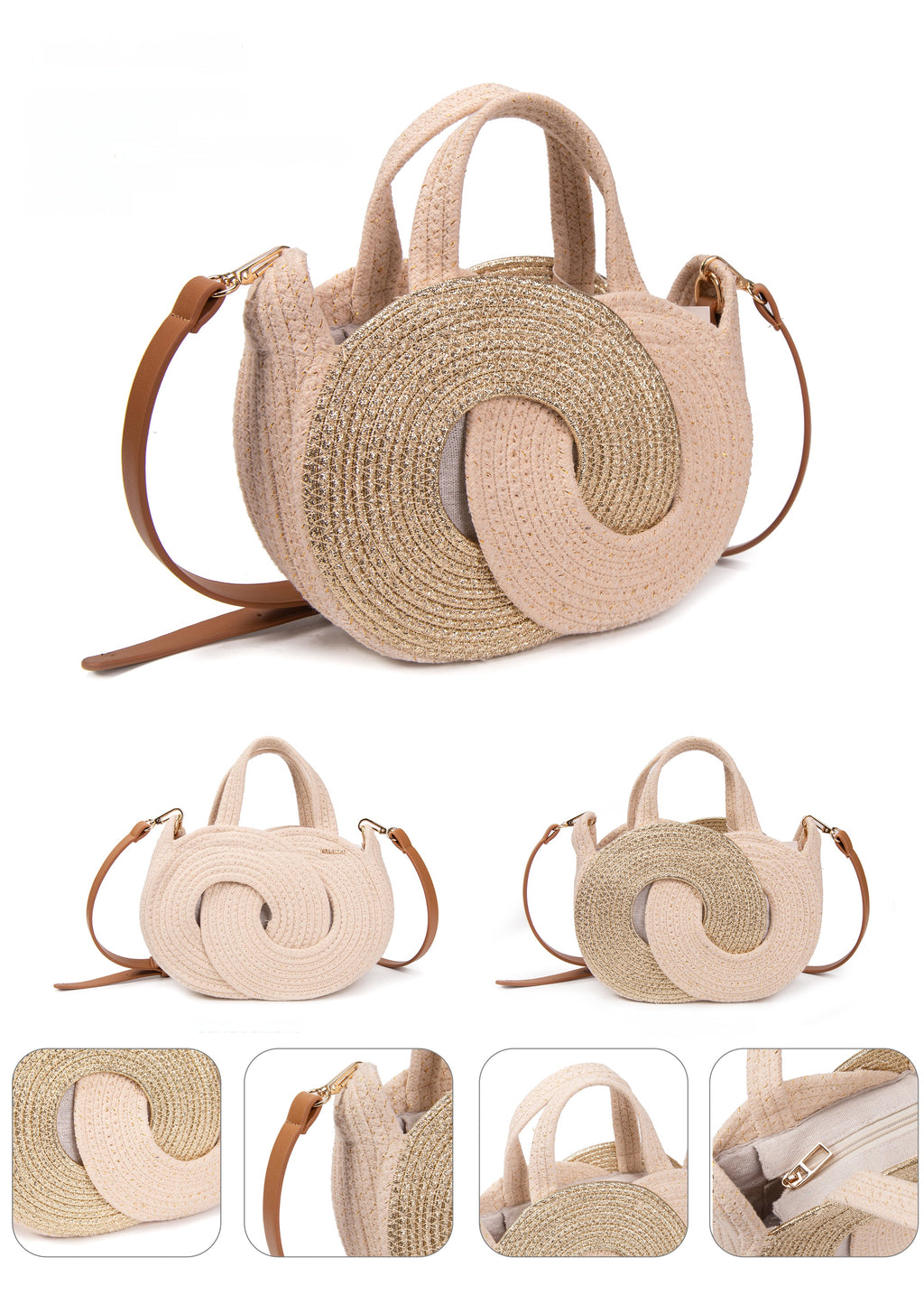 Bolso circular de rafia con nudo entrelazado y destellos dorados | Mini tote bandolera