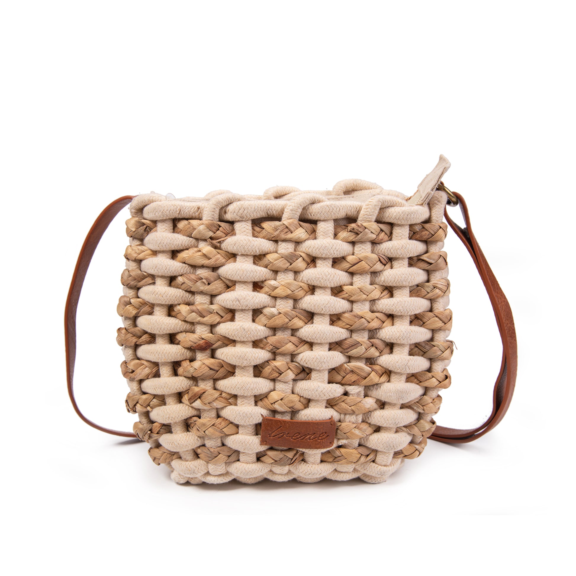 Bolso bucket de yute tejido macramé con correa de piel | Crossbody Irene Bag